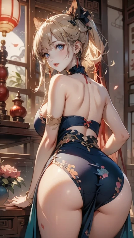 High resolution, adult woman , good lighting, despicable,back view、魅力的なbutt、butt , (No nudity), (((China dress))), (()), ((())), (garter belt), abdomen only, (), , cute face, I'Iは恥ずかしくて赤面します, humiliating, ((look back)), ((See-through))()(T-back)(A large amount of material is attached to the body,)