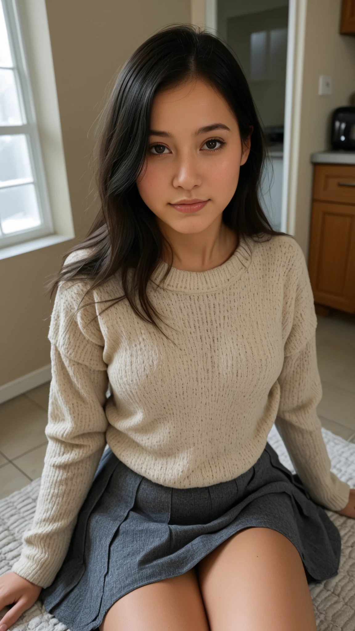 realistic portrait of a young Japanese woman in her early twenties Years, with delicate features and melancholic look. She has smooth black hair , arrested in a simple way , wearing humble clothes , worn by time — like a frayed sweater and a faded skirt. The scene takes place in a small old and disorganized apartment, with low light entering through a blurry window. The background shows an improvised kitchen and a mattress on the floor. Despite the difficulties, there is beauty and dignity in her face, that bears marks of tiredness and daily struggle. The weather is cold and gray, transmitting a feeling of loneliness and resistance
