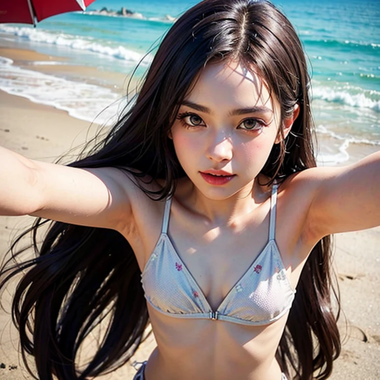 (1 Girl:1.3), Solo, (((Highly Detailed Face)))), (((Highly Detailed Eyes and Face)))), Beautiful Detail Eyes, Body parts__, Official Art, Unified 8k Wallpaper, Ultra Detailed, Round Face, Beautiful, Masterpiece, Masterpiece, Best Quality, Original, Masterpiece, Ultra Micro Photography, Best Quality, Ultra High Definition, Realistic Realism, Bangs Long Hide Forehead, Sunlight, Full Body Portrait, Amazing Beauty,Dynamic pose with bra removed, small hips delicate face, black vivid eyes, (from the front), small plain string bikini, dark navy blue bikini without pattern, detailed face, beach sunset background, night scene, highly detailed skin, realistic skin details, visible pores, clear focus, UHD, digital one