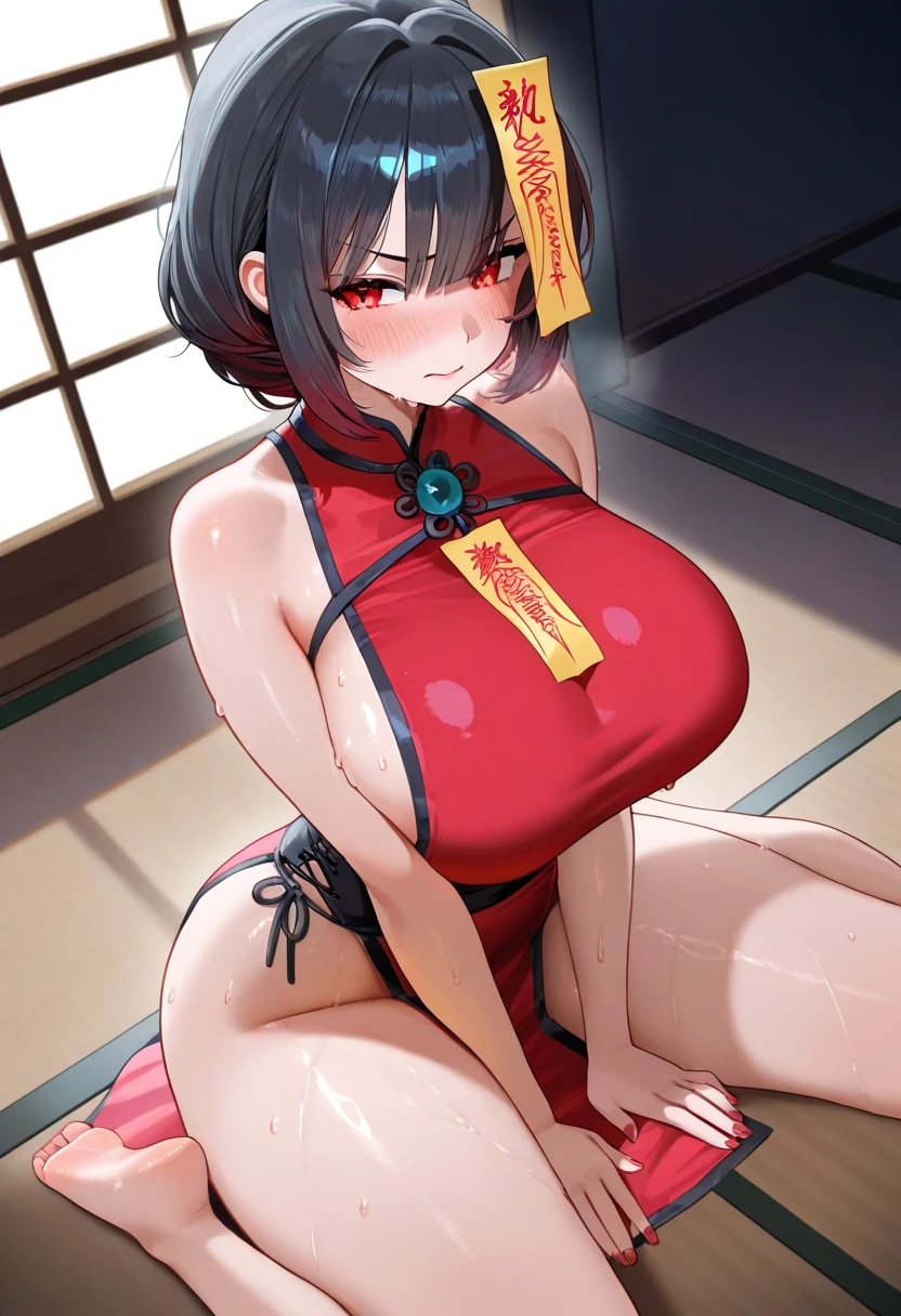 ((Japanese Idols))　((Plump, bright red lips with lipstick))　Big Breasts　Chubby round face　Plump figure　Heavy makeup　((Brown hair short hair))　((Looking into the camera))　Sit with your legs apart　((Black and pink Chinese dress and knee-high boots))　Put your hands behind your head　Sweat-soaked armpits　Show your armpits　Sweaty skin　　布団の上にSit with your legs apart　look down　((A bedroom with shoji screens and tatami mats illuminated by neon lights))　