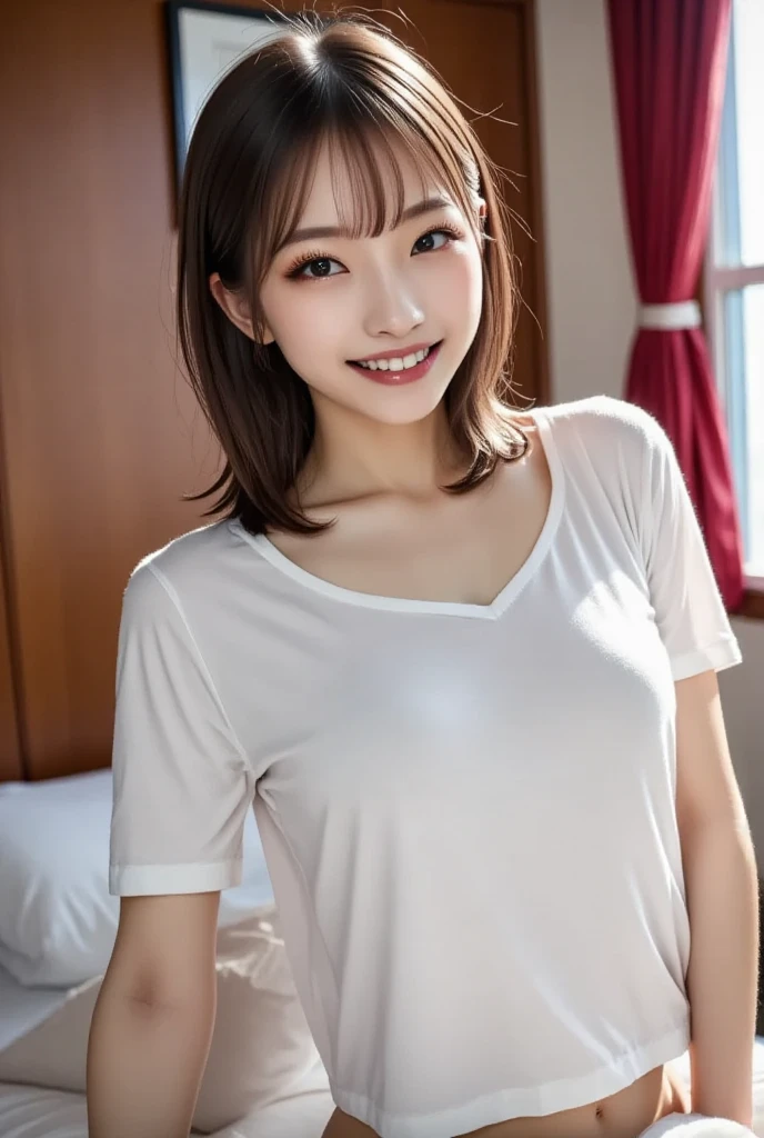 Pieces fly, Highest quality, figure, Very detailed, Fine details, High resolution, 8K,wallpaper, Perfect dynamic composition,(Detailed high quality, Realistic depiction of eyes:1.3), (Shortcuts), (The perfect fit T-shirt,Large Breasts, mini skirt), Big Natural Color Lip, Bold sexy pose, ((14-year-old girl))、(Cute type、Lolita)、Beautiful feet, Hotel Rooms, Gravure idol pose, (Woman standing on top, Straddle, sit)