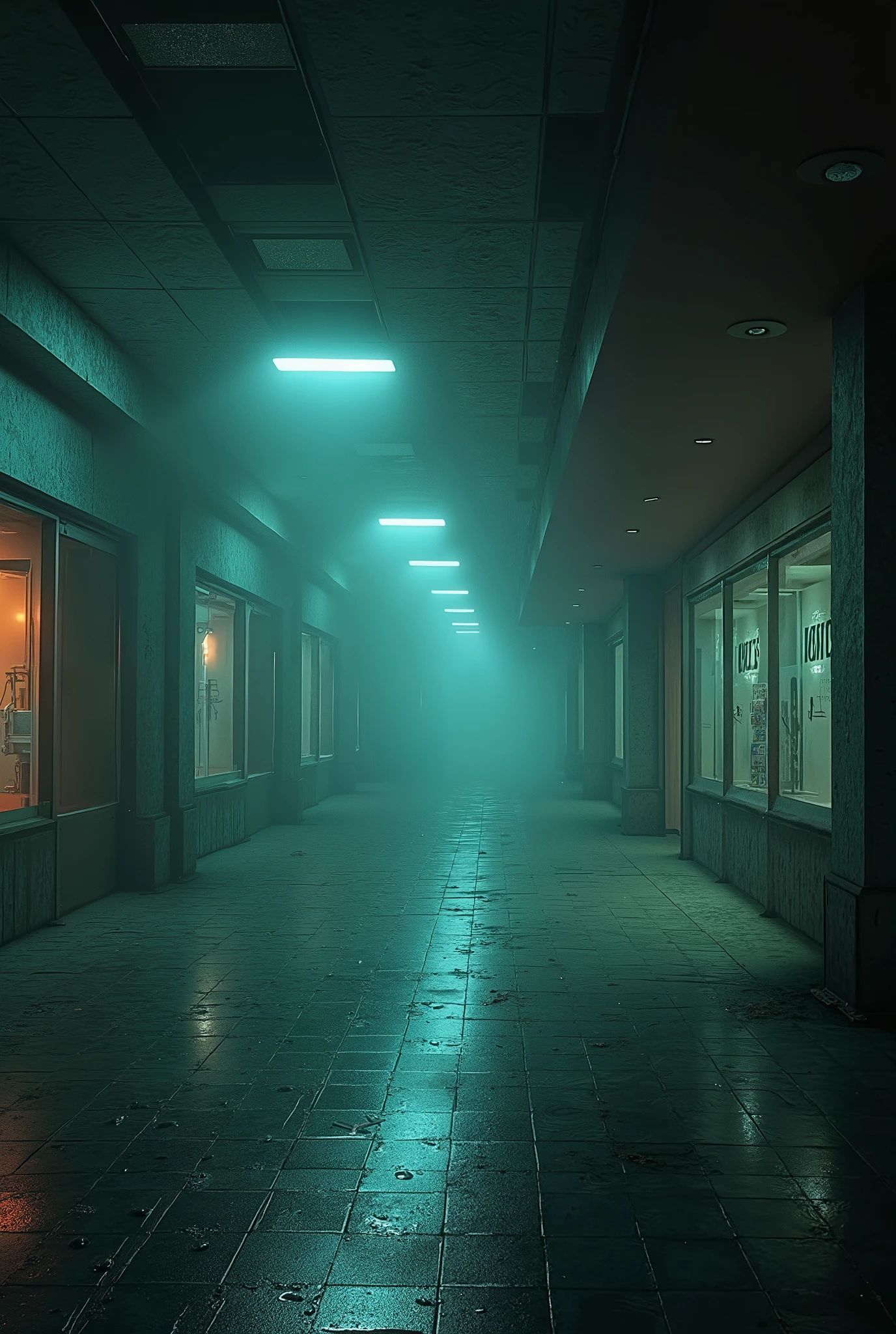 Shopping Mall, darkness, nighttime, eerie, abandoned, surrealism, distorted reality, liminal spaces, high detail, masterpiece.