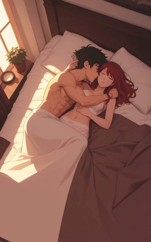 a naked girl and a naked man are lying with a blanket, and a  with a teddy bear in her hand in anime style is standing next to her and looking at it