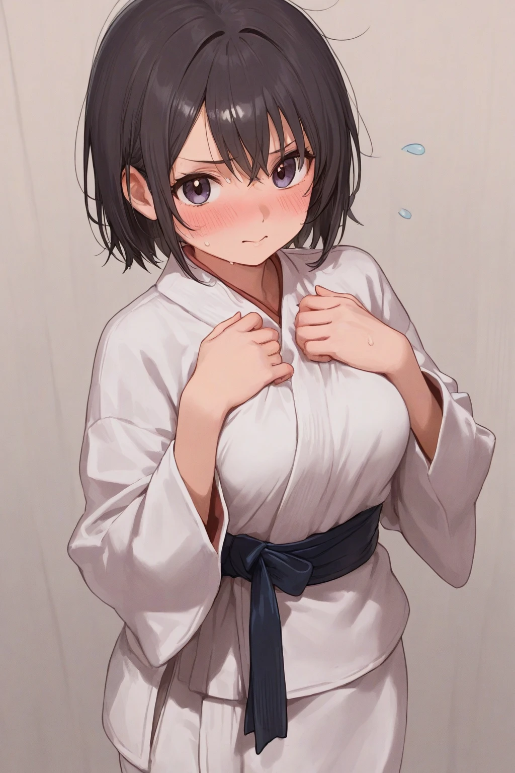 ((masterpiece, highest quality:1.2)),cowboy shot,1woman、20 year old beauty,Japanese、Karate athletes、solo,((very small head)),short bob hair,black hair,black eyes,A strong smile,((very long and slender body)),skinny,toned body,medium breasts,oily skin,shiny skin,sweat,Karate posture、White karate uniform、Black belt in karate、Punching,Karate Dojo、Karate practice area、Tatami floor、