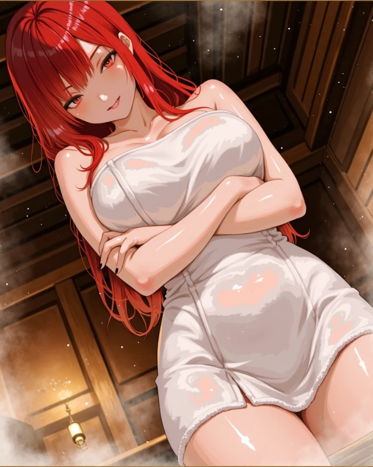 (best quality:1.4), (masterpiece:1.4), (AiriV4:1.2), 1girl, solo, (long red hair:1.2), hair ribbons, teal eyes, glowing eyes, very long twintails, large breasts, sexy smile, onsen, (naked towel:1.2), (steam censoring:1.4), <lora:more_details:0.3> <lora:AiriV4:0.75>