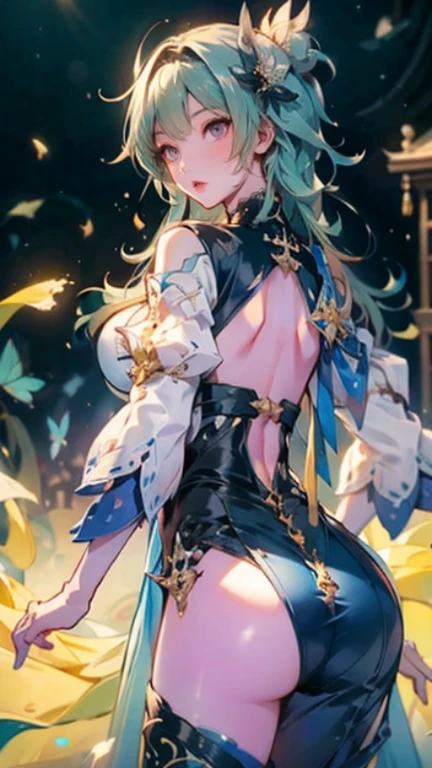 1girl, masterpiece, extremly detailed, ((Cinematic lighting)), (glowing), ((dramatic lighting)), ((beautiful detailed glow)), intricate detail, lens flare, multicolored hair, rainbow hair, long hair, colorful dress, butterfly hair ornament, butterflies, light particles, Arms behind back, large breasts, [curvy], cowboy shot, light smile, green eyes, church, stained glass, spotlight, dark background, floating hair, floating hair<hypernet:sgqo1n:0.7>