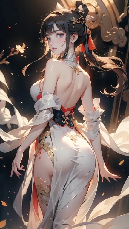 tmasterpiece,Beautiful goddess of the void,Black color hair,High ponytail,Gorgeous clothes with gold patterns,full body detailing,fully body pose,Erotic art,Full-body white transparent bikini standing under the starry sky of empty night,Disappearing transparent pants,Full-body standing,Tall,Slender legs,detail in face,Detailed body part details,8k wallpaper,Front view, Rear view, Left view, right view, Four angles show the character