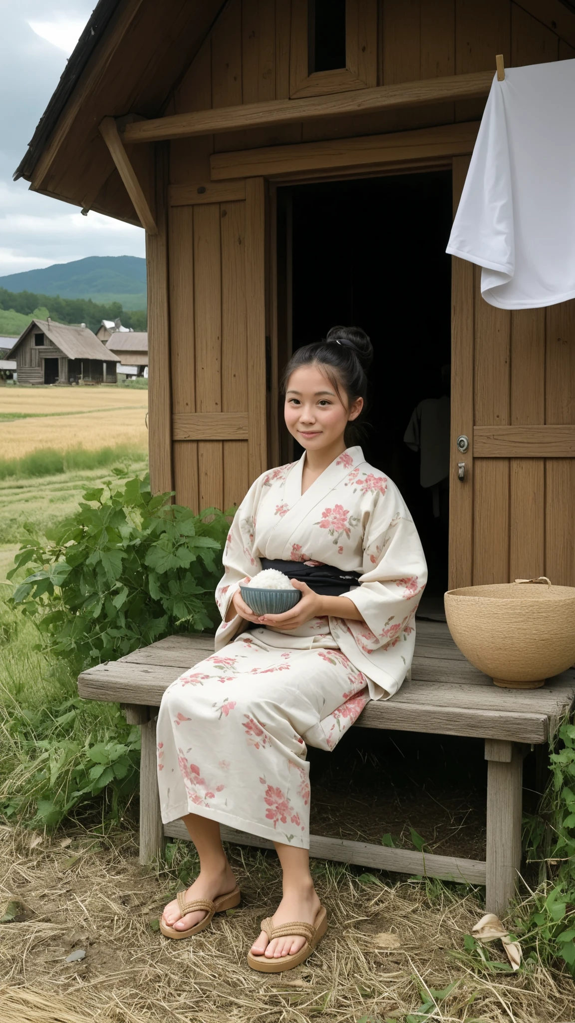 Beautiful young Japanese woman, around 25 years old, in a rural village in Japan. She has straight black hair tied in a simple bun, pale skin and tired expression, but serene . She wears a cheap cotton kimono, faded and patched up, with straw sandals. It's sitting next to an old wooden house, with the rice field in the background, dry leaves on the ground and a cloudy sky. Her hands are rough, holding a simple rice bowl. The environment conveys melancholy, with details such as clothes hanging on the clothesline and an old broken radio next to the door. The atmosphere is one of silence, Wind and still weather. Her beauty contrasts with the harshness of life. photographic style, with soft natural light and faded shades, as if it were a rural painting.