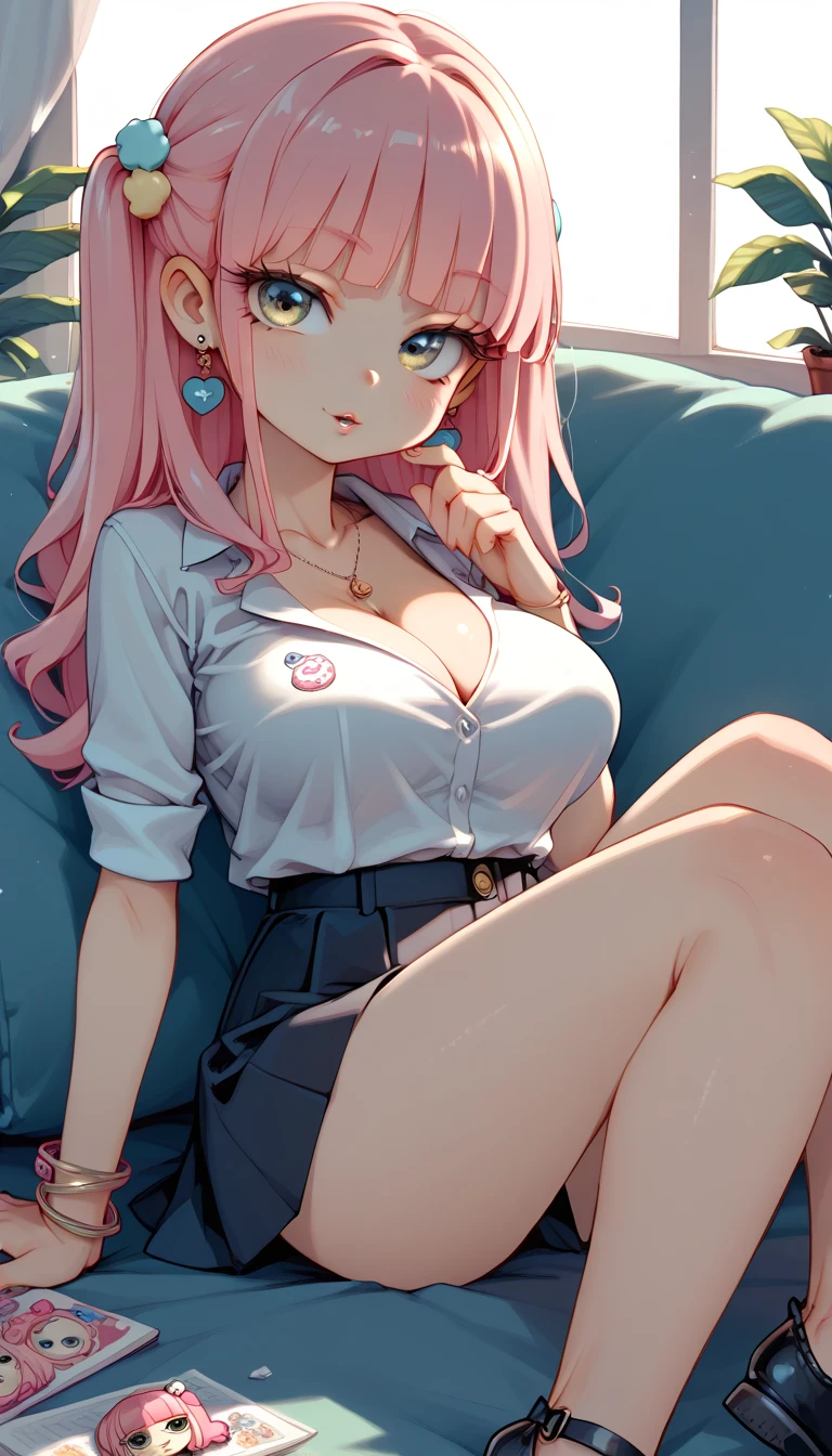 Official fine art,tmasterpiece,Sharp focus,(Beautiful gorgeous lovely Korean women:1.3),(beautiful lovely Korean people:1.3),South Korean beauties,Delicate and beautiful hair and eyes and face,realisticlying,ultra - detailed,a beauty girl,Glowing white particles,(side-lighting:1.2),Slender,Cute big breasts and big buttocks,Toothy laughter,((Laugh and open your eyes)), sexy facial expression, Dynamic hair, Long straight hair, Delicate platinum-pink hair, High ponytail,glow blue eyes, (blue pleated shirt+white skirt), Long white socks, paleskin, hair adornments, Official fine art,tmasterpiece,Sharp focus,(best qualtiy, 8K, tmasterpiece:1.3,Delicate and beautiful hair and eyes and face,realisticlying,ultra - detailed,a beauty girl, Focus:1.2, Perfect figure to sit on the bed:1.4,White shirt,a black pleated skirt,Raise your legs high,White knee-length socks,legs are open,Foot elevation,Realistic details,female high-school student,Lori huge breasts cleavage,The lower body is visible