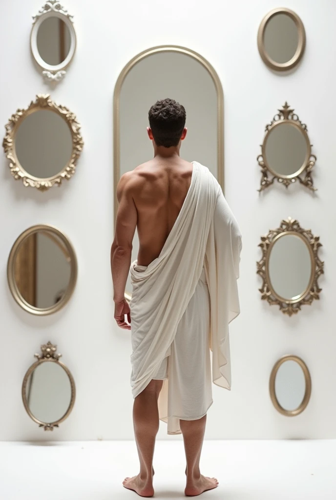 A male Stoic philosopher, around 2, with a well-proportioned physique and slightly tanned skin, stands before a mirror obscured by a foggy veil. He wears a classic tunic in olive green with subtle copper details, which drapes gently over his body, subtly revealing his shoulder. The scene is painted in an impressionist style, with soft, misty brushstrokes capturing the unclear, distorted reflection in the mirror. Dramatic contrasts of light and shadow highlight his intense focus as he attempts to clear the veil, symbolizing his struggle to confront and remove self-deception to see his true self and beliefs.