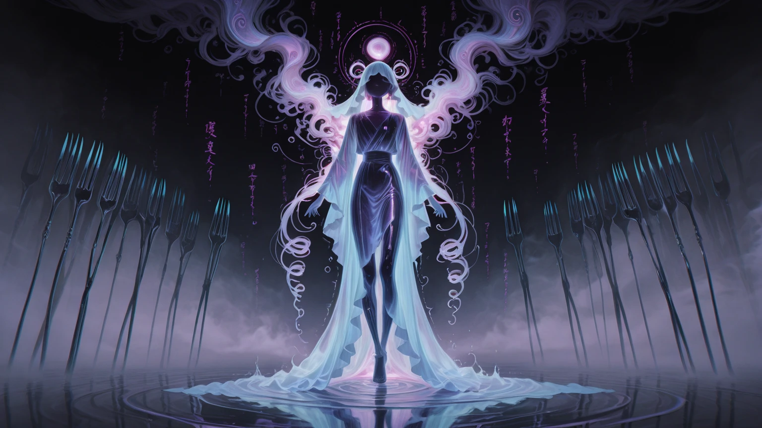 Astrologer，In the middle of the lake, Mysterious female black silhouette in the middle of the night, Surrounded by glowing constellations, Summoners dance to appease the spirits of the dead. Ceremonial canvas clothing. Sensual. Multiple magic arrays. Dynamic dance. Water Lily. Colorful palette.