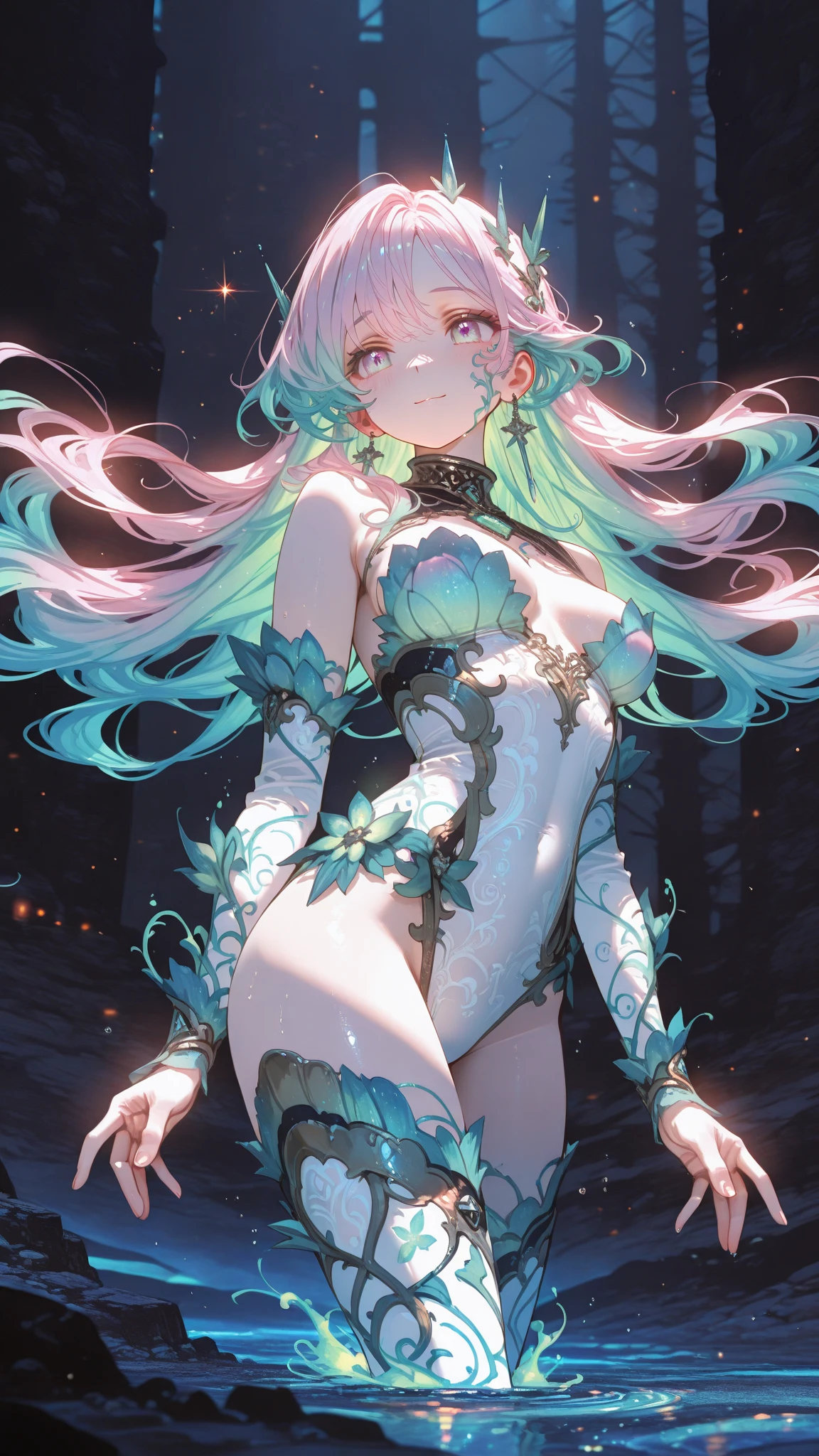 (masterpiece, top quality, best quality, beautiful and aesthetic:1.3), (1girl:1.3), original, extreme detailed, colorful, enchanted forest, nature, trees, (dryad:1.4), antlers, pointy ears, flowers, active pose, full body, flower hair, bright color hair, glowing hair, divine, goddess, barefoot, giant leaf, ((glowing water)), middle of a lake, flower bed, (night), <lora:add_detail:0.7> <lora:minigirl_v01:2> minigirl, shrunken, from above,