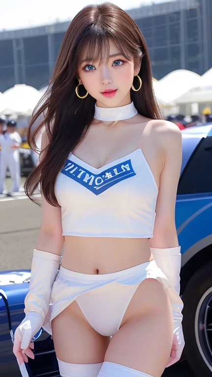 Highly detailed CG Unity 8K wallpapers, Highest quality, Very detailed, masterpiece, Realistic, photo Realistic, Very detailedかわいい, 20-year-old, Anatomically correct fingers、Perfect Fingers、(((Do-it-yourself skirt lift:1.2))), (Lift it yourself), Small white string panties、((blush)), ((Gaze Here))、(((Confused expression:1.4)))、((Race queen costume made of enamel material))、Pleated mini skirt、Japan、motor Show、Convention Hall、Beautiful lighting、Jet Black Hair、Long Hair、(showing panties yourself)、
