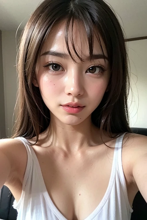 ((8K, RAW Photos, Highest quality, masterpiece: 1.2)), Super detailed, Super Resolution, (Genuine, Genuine photos: 1.37), whole body, High-resolution RAW color photos, Professional photos, とても細かくて美Shii, Very detailed, 8K 壁紙, Amazing details, Large file size, Official Art, Very detailed CG Unity 8K 壁紙, Very detailed beautiful girls, Very detailed facesHighly detailed eyes, Very detailed skin, Very detailed fingers, Very detailed nose, Very detailed mouth, Perfect Anatomy, Very detailed background, Very detailed clothing, One Girl, (18:1.2), Teen, cute girl, Famous Japanese Idols, cute, Genuineistic body, White skin, Glowing Skin, Long brown hair,Curly Hair, (Blunt bangs: 1.2) , smile, like々Shii, かわいらShii顔, Genuineistic face, Sharp focus :1.2, 完璧な体型の美Shii女性 :1.4, Slim Abs :1.2, ((Dark brown hair, Big Breasts :1.2)), (Bedroom, bed:1.2), Completely naked