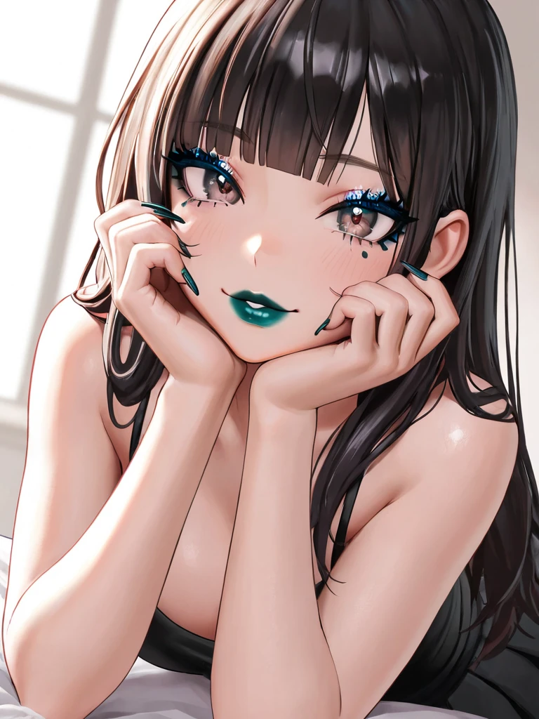 (Top quality masterpiece:1.2) Delicate illustrations, Very detailed, /Beautiful Japanese Woman、1 person,Very cute and slim、Great style 、((8K images、super high quality))、Very delicate face, beautifule forehead、shout、Bright red lipstick,very cute、Kind eyes,((((lingerie))))、Sleeping in bed、joy、joy、Laughter