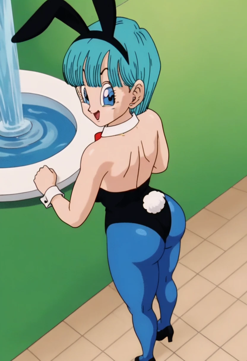 High Definition, 8k, detailed face, grabbing his ass, touching her ass, showing her ass, Bulma de dragonball z, deep blue eyes, ((dark gray see through thong)), Spa, (big breasts)), thin and thin, body of equal proportions, ((focus on her ass)), back view, four fingers and 1 thumb, ((2 hands)), blue fur, beautiful smile, smiling at the viewer, blushing cheeks,