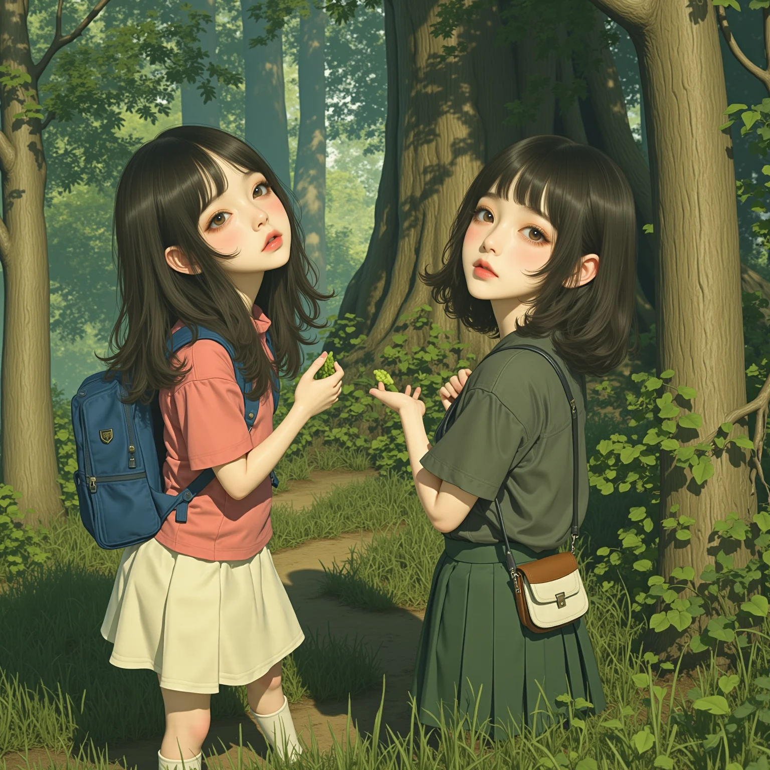Primary school students、Small breasts、Attractive girl carrying a red backpack、An environment surrounded by beautiful greenery and nature、Enjoy spring outings with cute puppies. The illustrations are high definition illustrations with 4K resolution..、smile、Ultra-detailed:1.0 (figure, step piece line drawing,Features highly detailed facial features and cartoon-like visual butterfly dancing。)