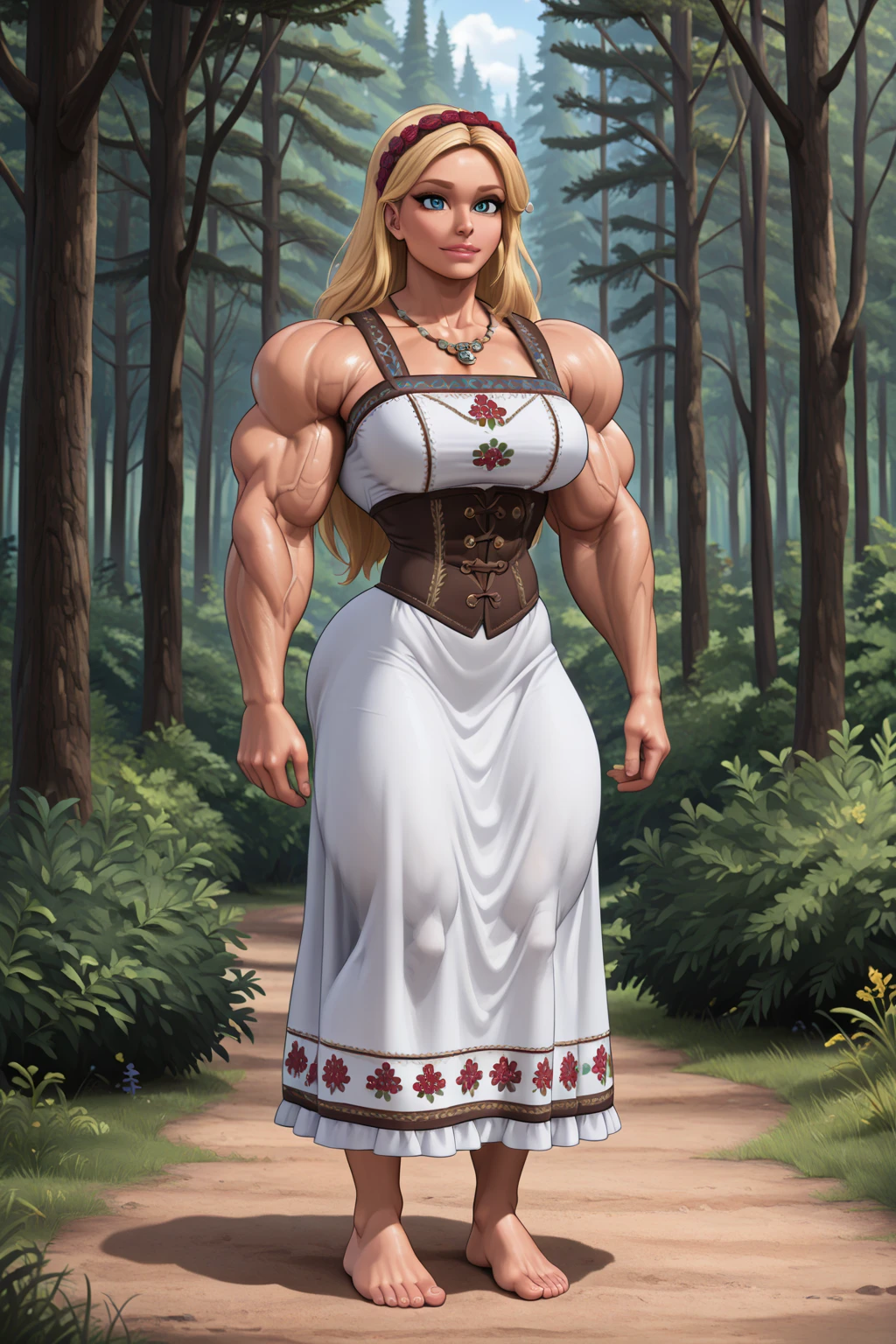 female, blonde hair, blue eyes, huge breasts, muscular, bodybuilder, smiling, medieval outfit, farm environment, landscape, white blouse, cleavage, bare arms,