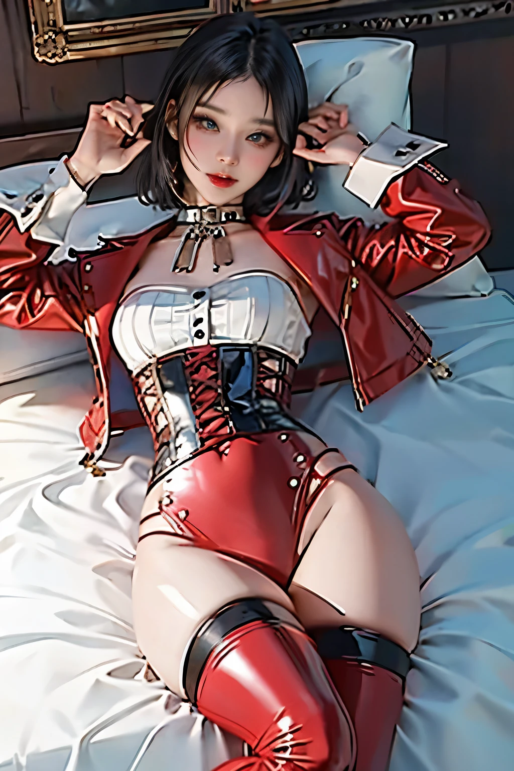 Young Asian woman, 23 years old. Busty. Double D cup, Black eyes wearing blood red corset, white fishnet Stockings. Sitting in her bedroom, full body pose, dressed in a beautiful red corset, Smile, High Detail, HD, Best quality, high quality, White stockings, Foot Focus, Naughty Face, looking at the audience, from below,