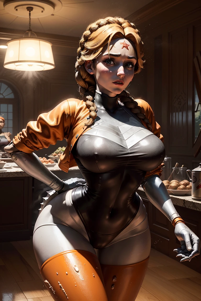 1girl, solo, high resolution, (othermother), eyescrl, (wearing a short dress), sfw art, covered body on dress, short black hair, tight pants, button eyes, pose, suggestive smile, busty, huge glute, wide ass, kitchen, looking at viewer, thicc thighs, wide hips, thin waist, moist pale skin, reflecting sun rays, shadows, colorful, high saturation, above view,