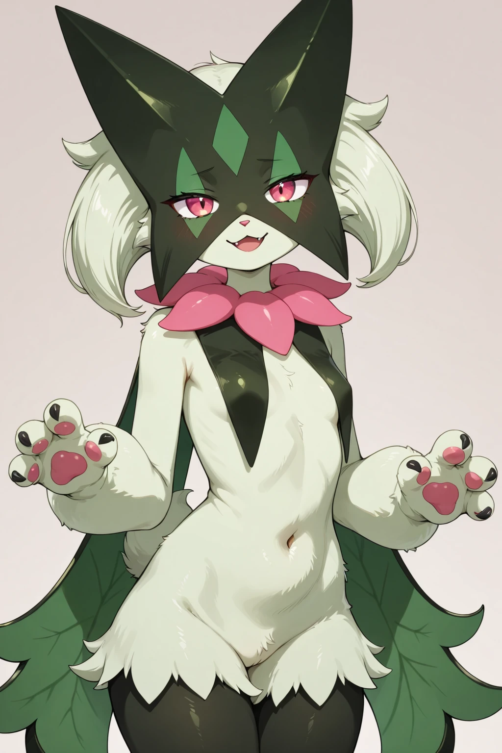 sfw,((clean background,white background:1.5)),((best quality, hi res, masterpiece)), absurd res, Highly detailed, 4k, [[by reysi, by hioshiru, by ingi]] by Faustsketcher, by Buta99, by Duskihorns, by Redishdragie, by Fumiko, by Makoto Shinkai, by Kaeritai07, by Harriet Backer, by Ferdinand Knab, by Reylia Slaby, by Silverfox5213, by Pino Daeni, by Ruan Jia, by Fumiko, by Levelviolet, by Supplesee, solo,blush, shy, looking at viewer,meowscarada \(pokemon\), ((meowscarada)), [[dark green mask,3 fingers,pawpads,cub,furry,quadruped,feral]]