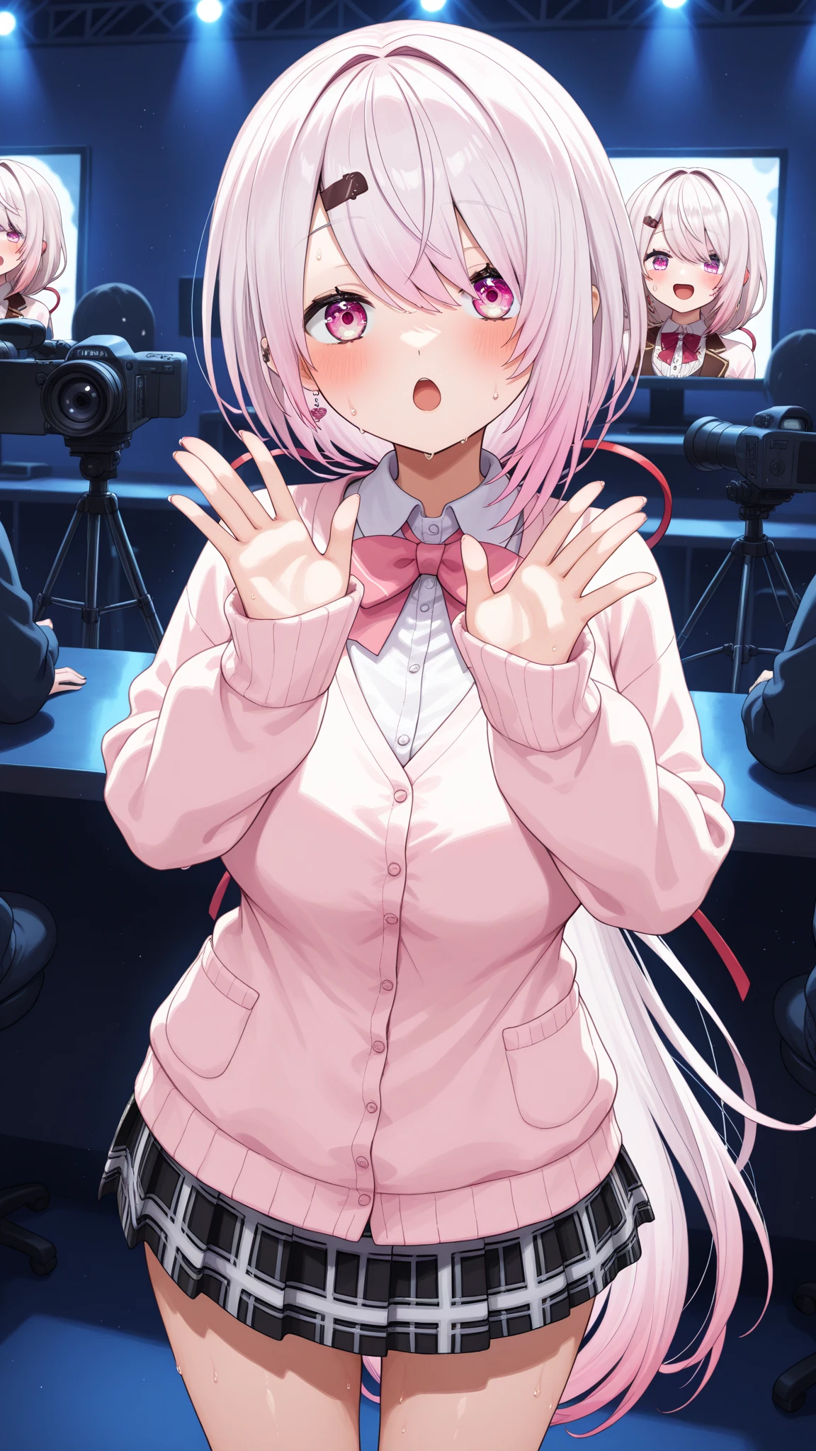 (8k、Best image quality、highest quality、masterpiece)、Detailed face、One girl、Pink Hair、Medium Hair、twintails、blunt bangs、Pink eyes、evil smile、((Open Mouth))、((Stretching out the tongue))、Small breasts、((open clothes、white shirt:1.3))、((Open chest))、((pink bra))、((Black pleated skirt))、((fingers around tongue))、Make a ring with your fingers、Cowboy Shot、Sit at a desk、Classroom Background
