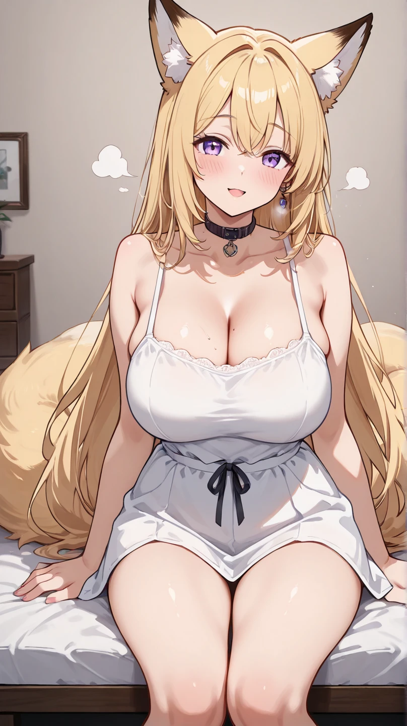 score_9, score_8_up, score_7_up, source_anime, masterpiece, best quality, extremely detailed, 1girl, milf, solo, (dark skin, black skin:1.8), kawakamimai, (huge breasts:1.1), ((((blonde hair), very long hair, purple eyes, heart-shaped pupils, fox ears, yellow fox tail, four tails))), parted lips, (((night gown))), ((naughty smile), closed mouth), ((bedroom))