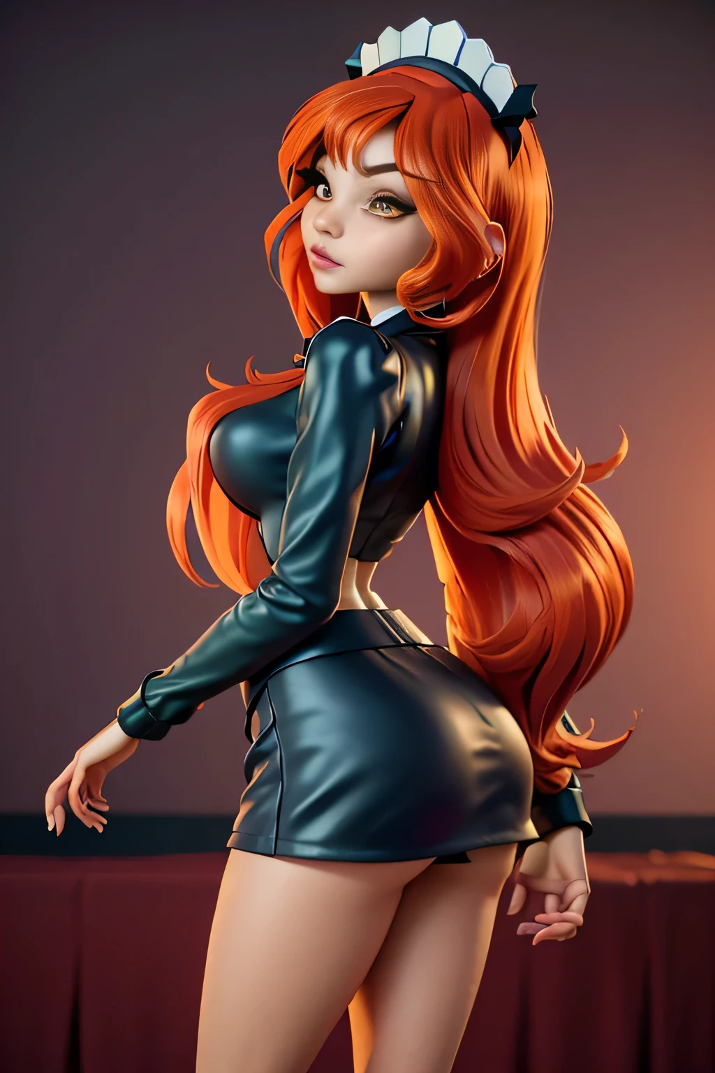 close up 1girl in, photo of Dark Bloom, Waifu, Anime style, Solo, (messy copper red hair, very long hair, thick red hair), (perfect clear skin, pale skin, detailed skin, large breasts, round breasts, perfect body, skinny, thin, thin hips, thin waist: 1.25), (she is looking away from camera, shot from behind, up skirt, focus on ass:1.2), (wearing a maid costume, short skirt long sleeve: 1.5)), (high detailed bedroom, on bed, looking up at viewer: 1.3), (realistic photo, best quality, detailed), (8k wallpaper), (natural lighting, beautiful light, delicate, soft colors, cinematic)