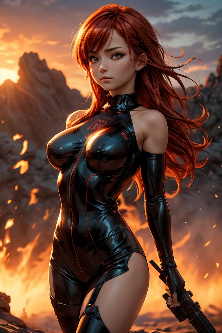 une femme de 25 ans, rousse, soubrette, very detailed, sexy, lingerie en cuir, dans un volcan en éruption, lave, flammes, explosion volcanique