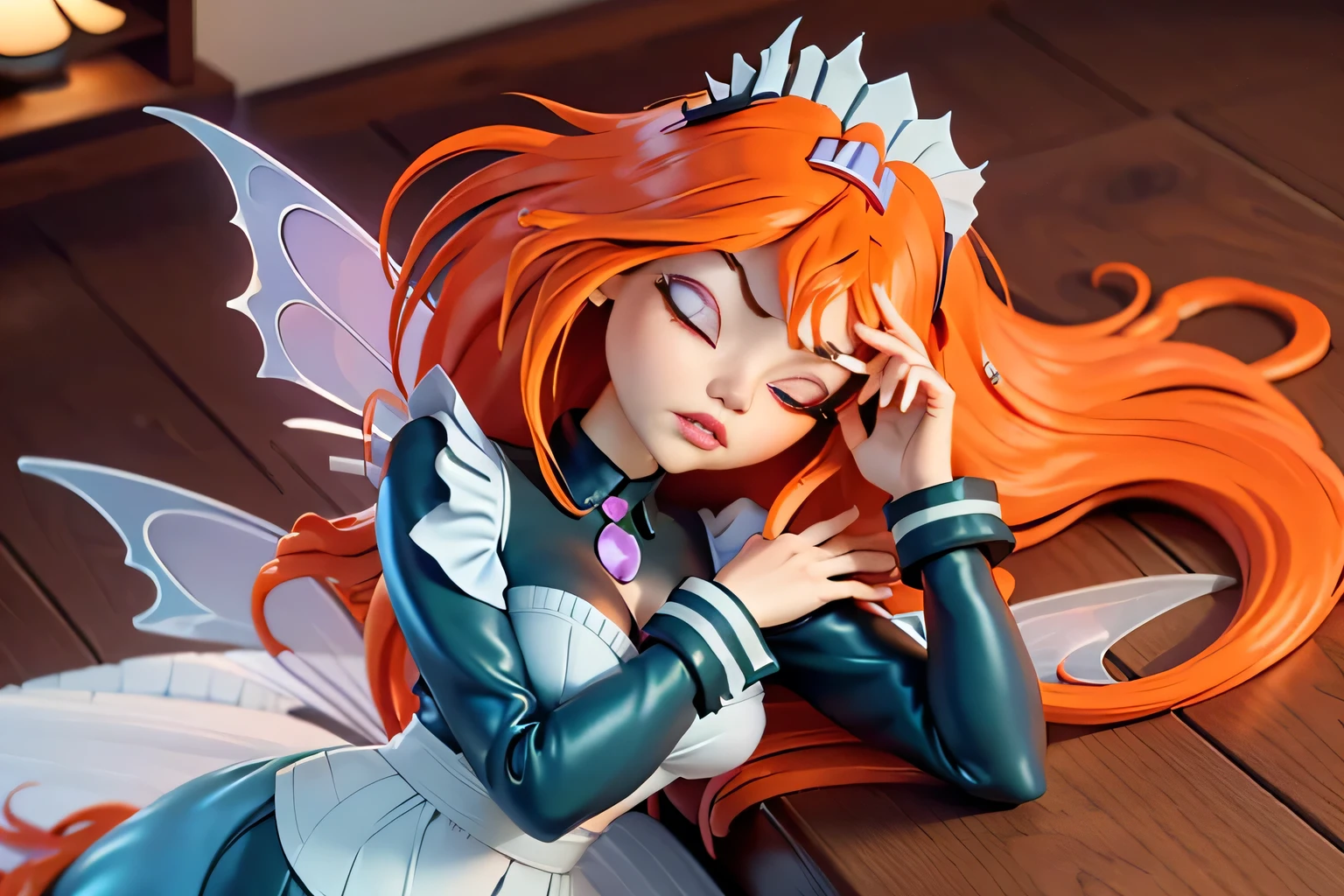 close up 1girl in, photo of Dark Bloom, Waifu, Anime style, Solo, (messy copper red hair, very long hair, thick red hair), (perfect clear skin, pale skin, detailed skin, large breasts, round breasts, perfect body, skinny, thin, thin hips, thin waist: 1.25), (fairy wings, wings, two wings, translucent wings: 1.35), (lying face down, pushup, chest squished, chest touching ground leaning forward, sleepy expression, Half-Lidded eyes, cleavage, focus on breasts:1.2), (wearing a maid costume, short skirt long sleeve: 1.5)), (high detailed bedroom, on bed, looking up at viewer: 1.3), (realistic photo, best quality, detailed), (8k wallpaper), (natural lighting, beautiful light, delicate, soft colors, cinematic)