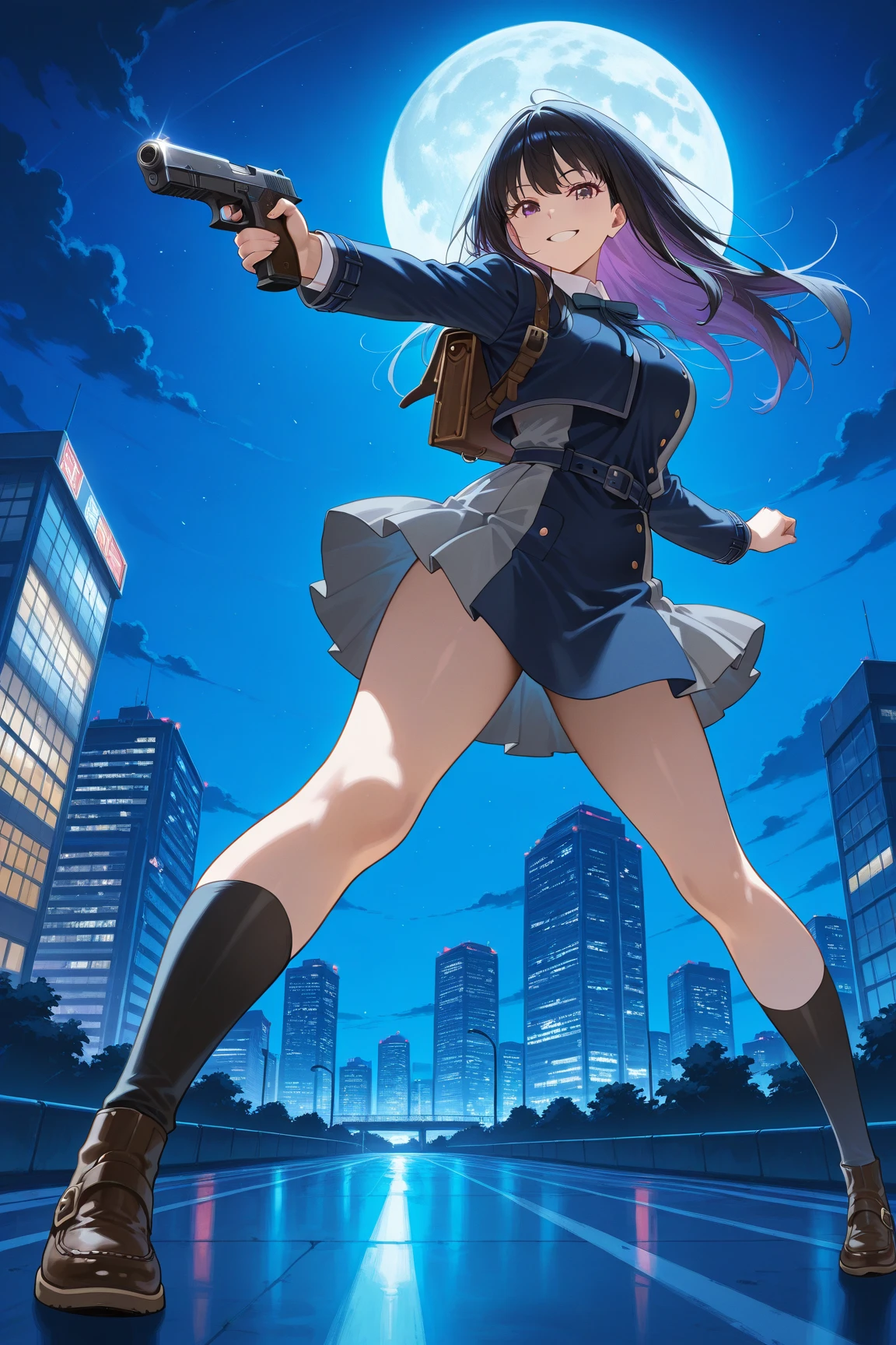 Anime, flying through the sky with black angel wings, golden leotard armor, In Battle, Chaos, shooting laser beams from hands, masterpiece ,pantyhose, boots,magicagirl body suit, large skirt, smile, long skirt,standing,smile forest,matoi ryuuko, pants, vest, pullover, coat, full body, huge breast, smug, tomboy, open mouth, walking