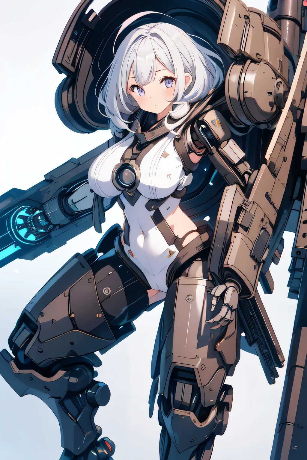 ((1 girl)),wearing white steel light bikini armor personification mecha girl,skinny,half naked,she has silver's long ponytail hair,she wielding High-frequency blades,she carrying huge black battery on the back,large breasts,thighs, Anime ,2d,full body illustration
