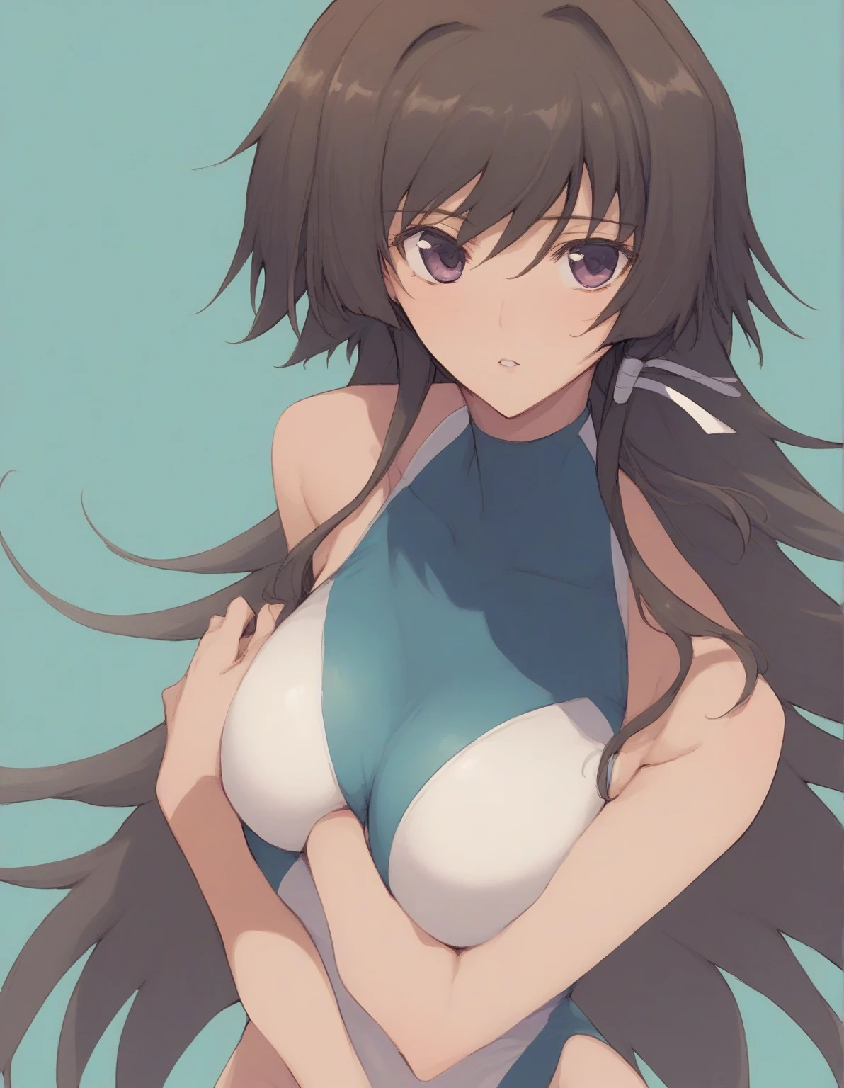 (beautiful detailed eyes:1.5, beautiful detailed face:1.2, beautiful detailed hair), Murrue Ramius, 1 woman, mature, milf, red eyes, blush, (nsfw, sexy, Curvy), (brown hair, long hair, bangs), (sagging huge breasts), (negligee:1.5), (upper body:1.5), standing, (Perfect detailed Anatomy, beautiful detailed hair, perfect female body:1.2, shiny skin), (thick outline, Beautiful outlines, black outlines), simple background:1.5