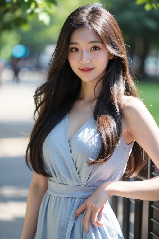 Full body portrait, (young woman), smiling, drooping eyes, expressive eyes, long hair, spread legs to stand (eccentric pose), (light pubic hair and thin small genitals), thin casual dress, outdoors background, bright and cheerful atmosphere
