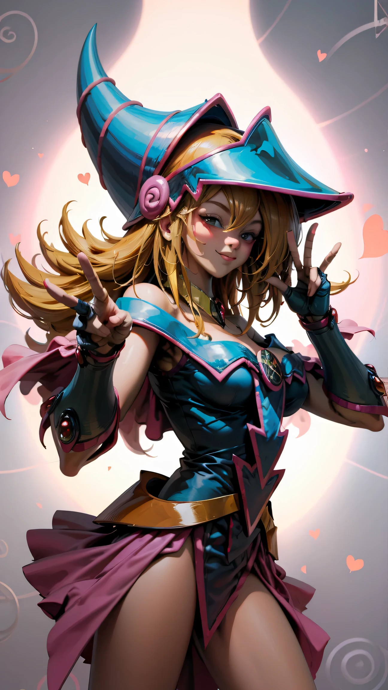 (Masterpiece:1.2), (The best quality:1.2), perfect lighting, Dark Magician Girl casting a spell, in battle. floating in the air, big and visible tits, wear jeans and heels. transparent neckline, blue robe, big hat, From above, sparkles, Yugioh game, The magic of the heart, romantic heart.