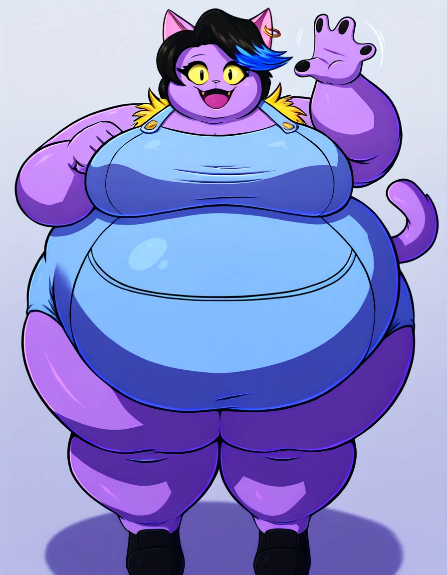 Violet skin splotches all over, gaining weight rapidly, blueberry inflation_fetish, Thicc, extremely morbidly obese, blue and black hair ((wearing)), black 50s glasses, white tanktop, black leggings, voluptuous, feminine boy, femboy, perfect hands, perfect face, smile, (anatomically correct), (Perfect/ realistic proportions:1.2), (overwhelmingly fat arms, obese face), hands grabbing belly, ((extremely widest hips possible!)), ((extremely massive thick thighs, morbidly large belly), belly overhang!)), (1080P, 4k UHD, Masterpiece:2.1!) ((single)), background: tilted towers_fortnite