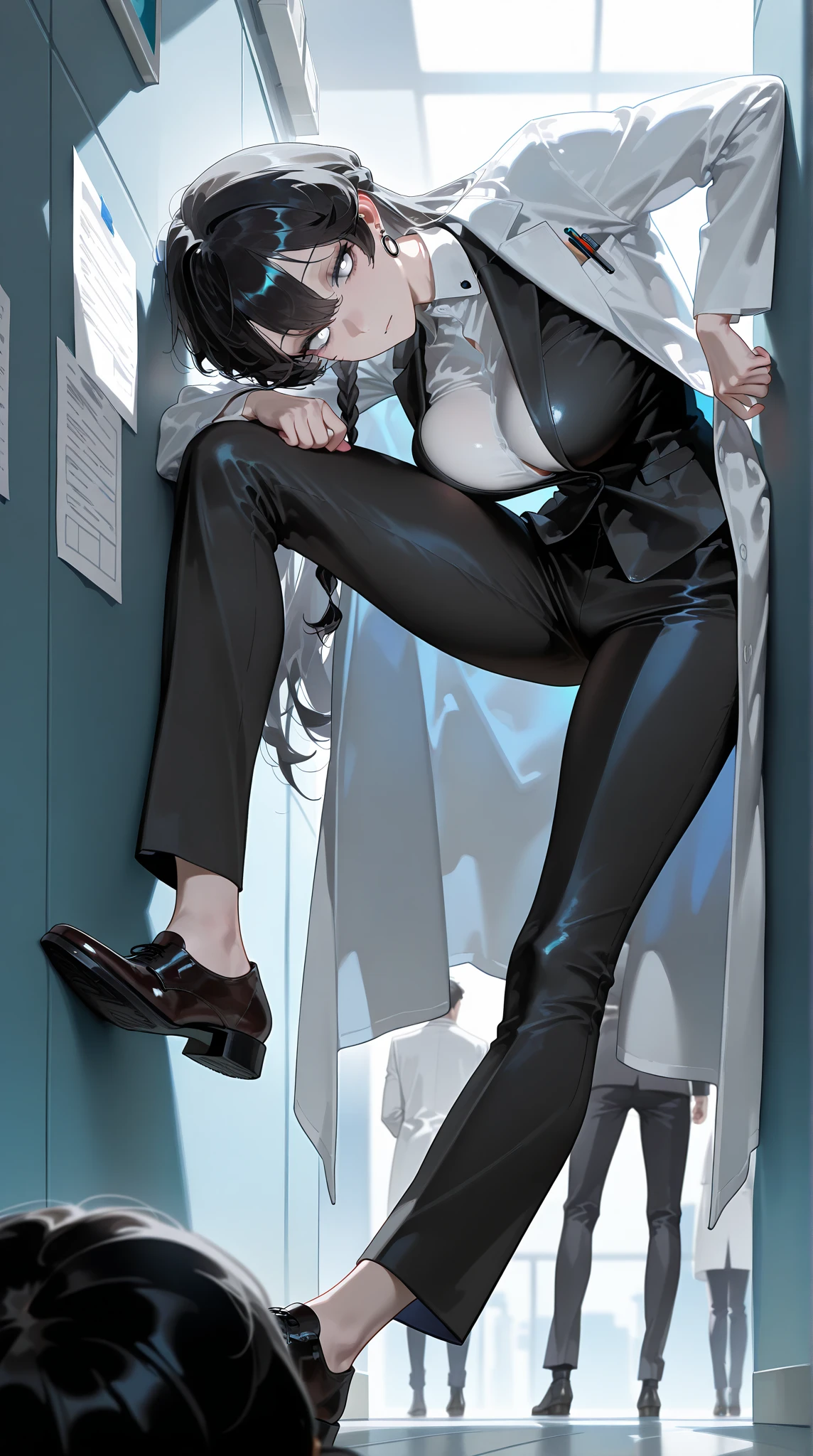Full body picture of Life Life 8k glasses beauty hip skirt black silk squat legs open to reveal extreme detail, transparent top depicting areola in classroom