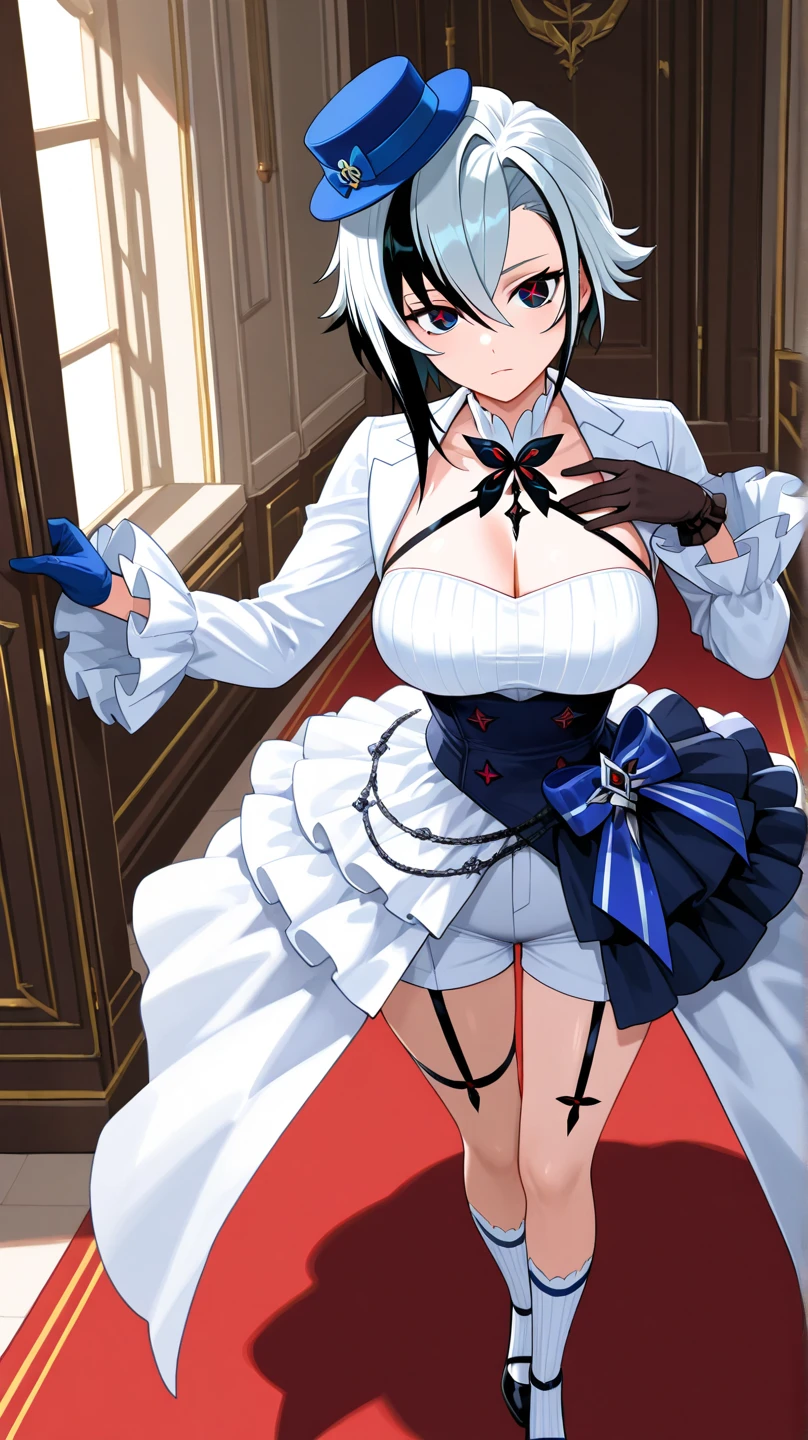 ​masterpiece, top-quality, high_resolution, fine detailed, highly detailed and beautiful, Distinct_image, 1 rapariga, 独奏, , A dark-haired, red eyes, (huge-breasted), (tits out),(Sister Costumes),(veils), chies,Monastic uniforms,long slit,(thighhigh),((Head attack)),(a flag)