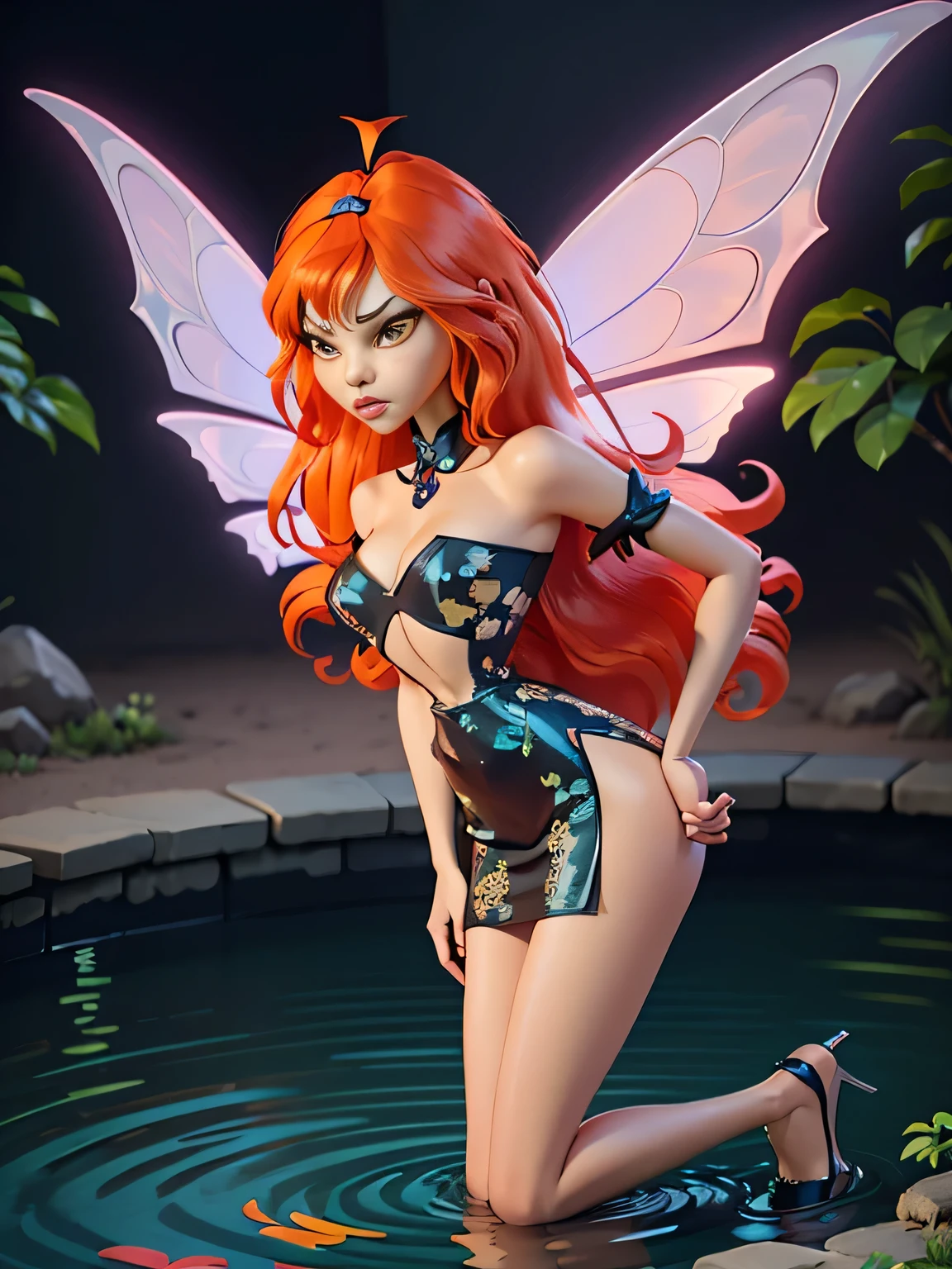 close up 1girl in, photo of Dark Bloom, Waifu, Anime style, Solo, (messy copper red hair, very long hair, thick red hair), (perfect clear skin, pale skin, detailed skin, large breasts, round breasts, perfect body, skinny, thin, thin hips, thin waist: 1.25), (fairy wings, wings, two wings, translucent wings: 1.35), ((kneeling down before photographer, splits kneeling, legs apart), looking up at pov, sad expression, pleading, overhead perspective), (cleavage, focus on breasts:1.2), (in a chinese garden, koi pond, legs in the water, water running down legs, wearing a intricate falling off the shoulder chinese red dress), (realistic photo, best quality, detailed), (8k wallpaper), (natural lighting, beautiful light, delicate, soft colors, cinematic)