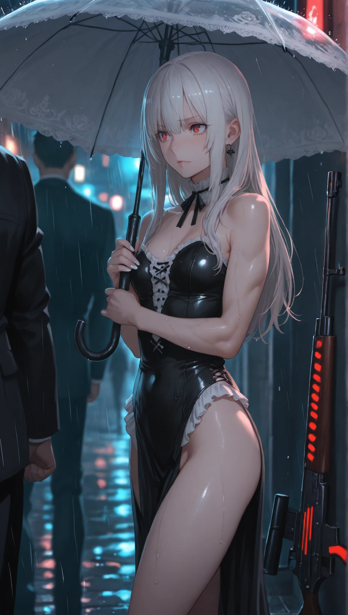 1girls, arms behind back, rain, seductive, (4K,realistic,highres,absurdres,masterpiece:1.2),((cinematic lumination)),deep depth of field,charming face,bloom,medium breasts,(smiling:0.6),young female, looking at the viewer, white skin, ((slim, skinny)), ((wet skin, sweat)), high heels, red eyes,Kneeling