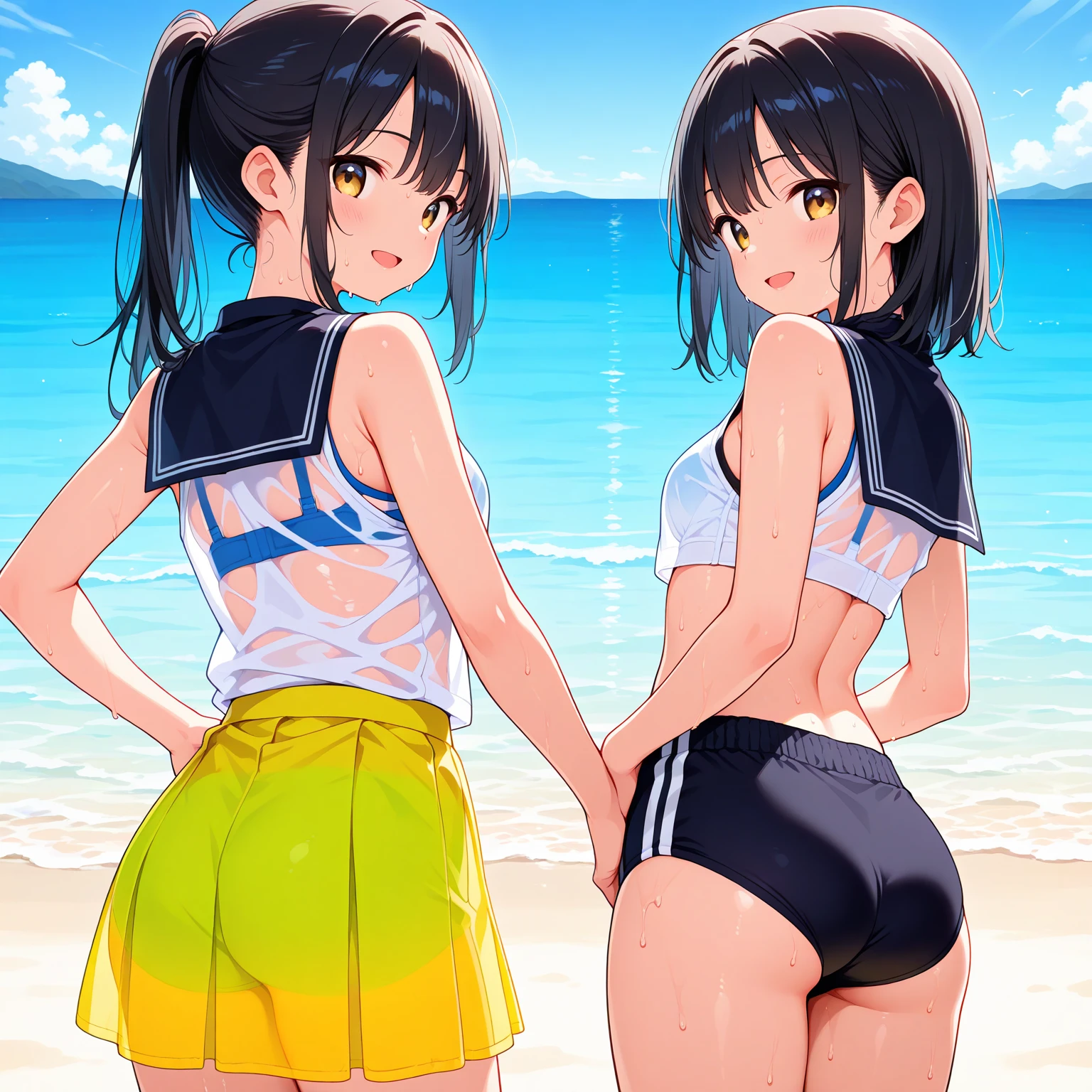 (Sweat, White skin:1.5、Aggressive Pose, ), cameltoe, Fitness, , ((Beach volleyball bikini)),Big Breasts, Sturdy body、Healthy Body、((Big Eyes in Anime)), back、Very long dark blue hair、ponytail、Squat、from back,Super High Cut