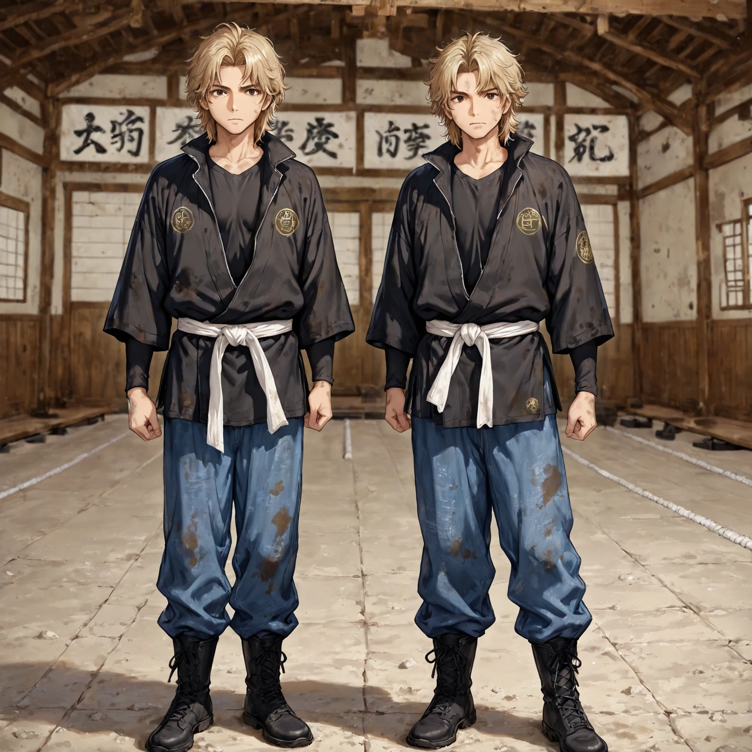(masterpiece, best quality), (grey eyes), alternate universe, (cane), standing, full body, 1boy, urahara kisuke, solo, blonde hair,