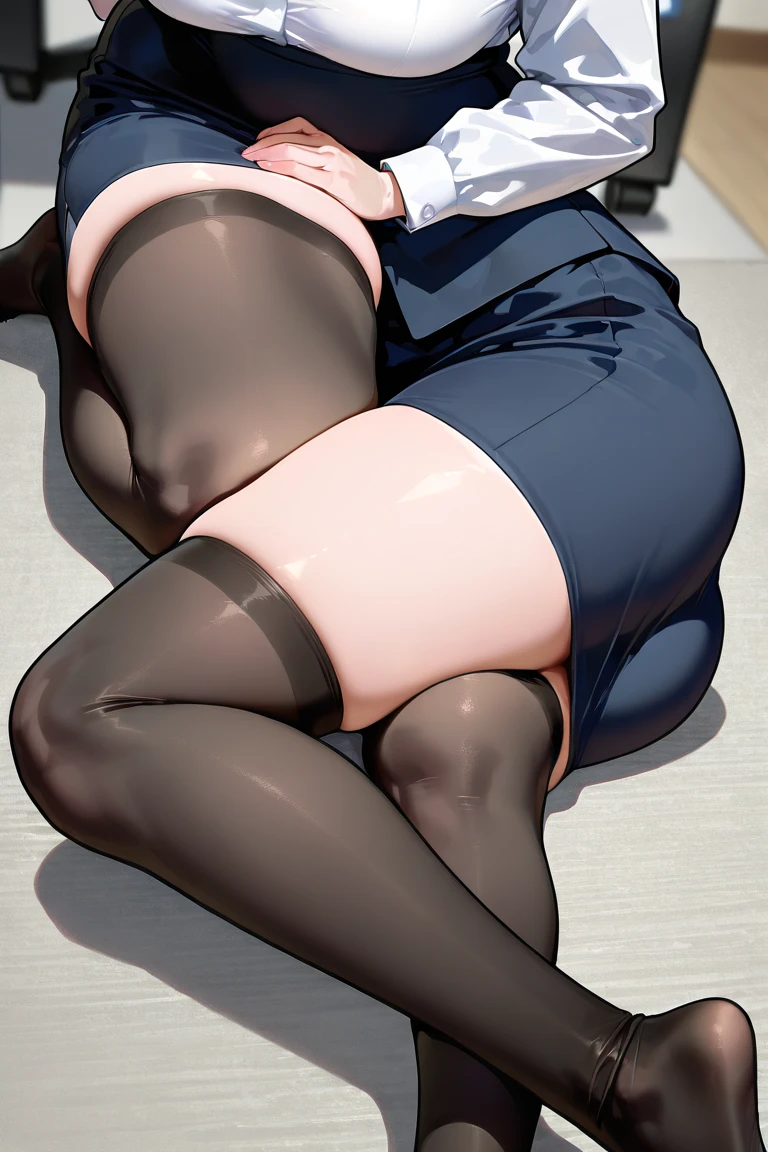 a Wallpaper designed picture with a 20 years old sexy and hot Japanese girl wears a tight gym shorts and an oversized, baggy blackt-shirt that reveals a good portion of her flat, toned stomach. very big well formed and peaky Breasts. The shirt is so loose that it hangs off one shoulder, revealing a smooth, white shoulder, a clear example of underboobs. The woman's body is slim and athletic, with toned arms and legs, and thin thighs. Her very long dark hair is straight but elegant, falling down her back. She has a mischievous grin on her face, and her clear skyblue eyes sparkle with amusement. In the background is a plain white wall, providing a simple but effective contrast to her vibrant appearance. The woman stands confidently and watching down to the watcher to show off her overshirt and underboobs. she is horny and uses her hands to touch her tits.