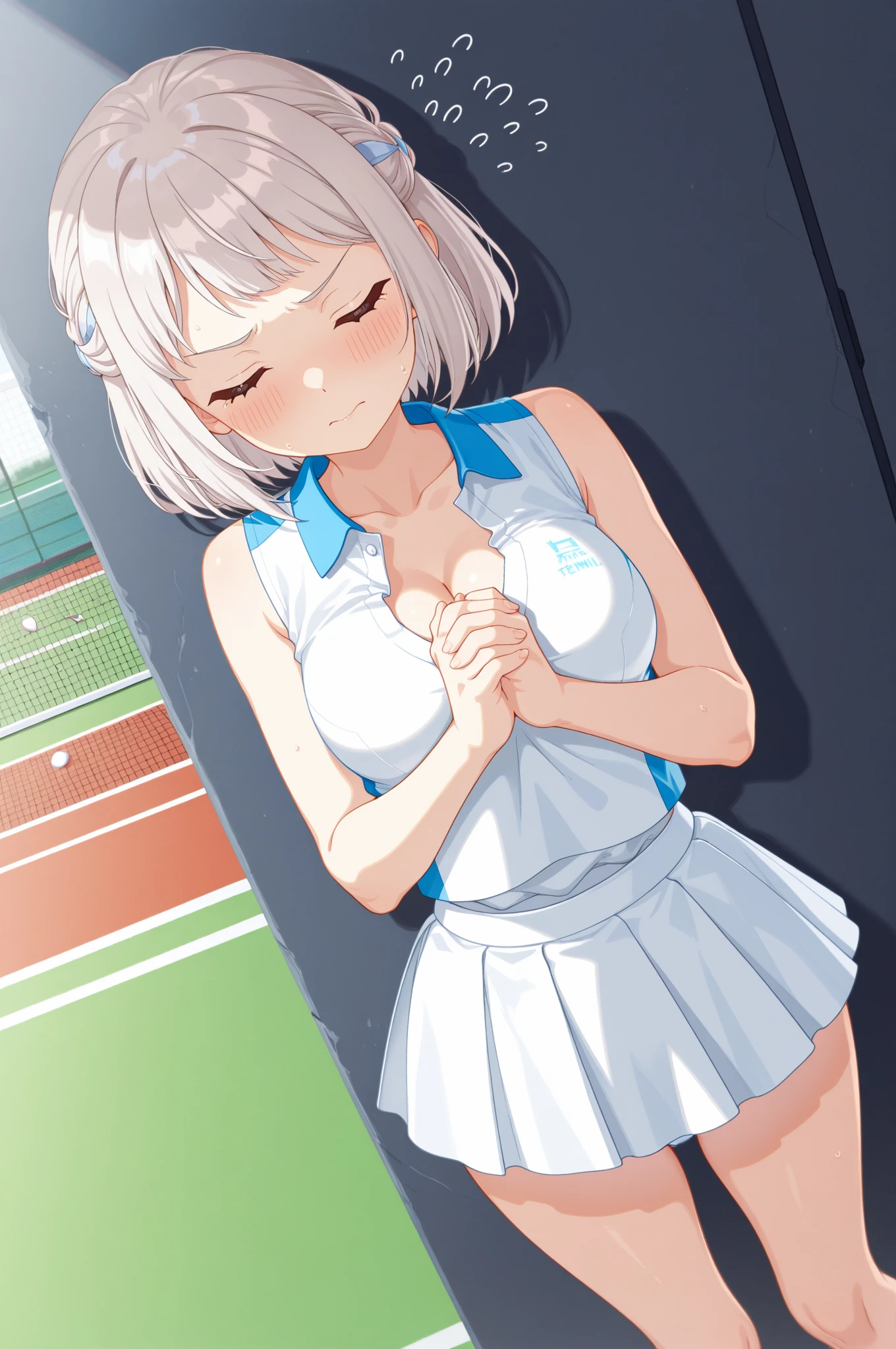 mastute piece,Best Quality,insanely detailed,8k cg,nsfw,
(shoot upper body:1.3),
(1girls:1.3),standing,looking at viewr,body in front,both arms behind back,(tennis uniform:1.3),(bare breasts:1.1),(bare nipples:1.1),
break,
blush,shy,(ecstasy face),(trembling:1.2),break,(light silver hair:1.2),
break,
perfect breasts,perfect teats,(open mouth:0.9),(large breasts:1.2),
(tennis court)、