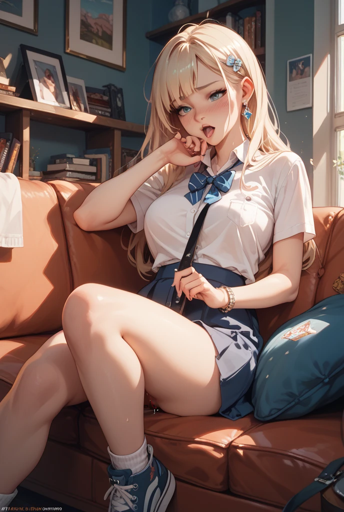 Highest quality,Highest Resolution,A beautiful American girl with a crying face holding a drink,Belly button,Abdominal muscles,mini skirt,Knee-high stockings,sweat profusely,Very beautiful eyes,(((Tie the length of your clothes))),front,whole body,Tears,Dripping saliva,Bedroom,Night view outside the window,