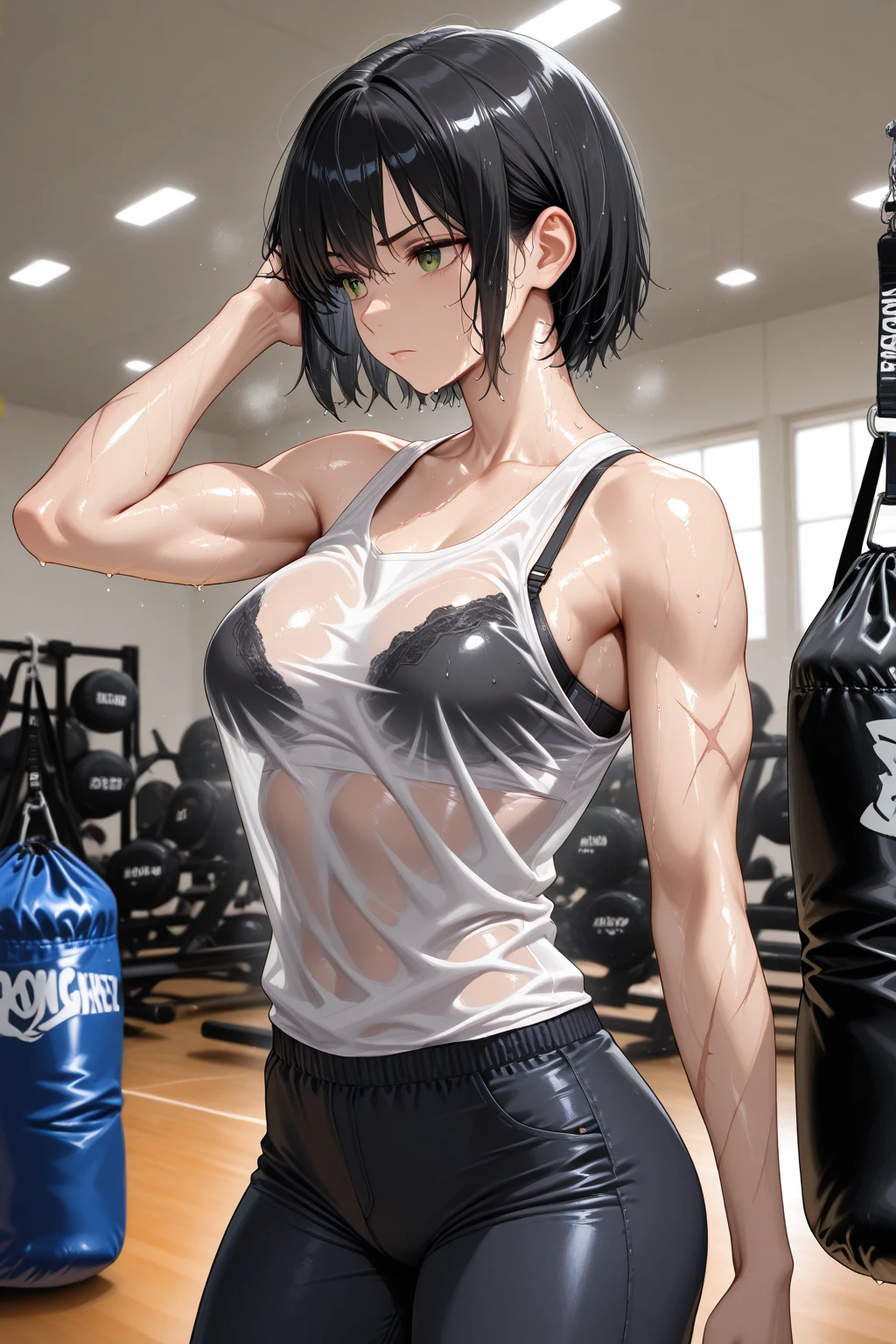 1girl, solo, short hair, Side hair tucked behind ear, looking at viewer, (side shot), (frorm below), full body, (((Tight-fitting shirt))), spats, black spats, 6/8 length spats, A towel is hanging around his neck, (sweat dropping), steam, indoors, o mouth, (((tanned skin))), (Sweaty shirt), Fitness Gym, Fitness equipment background, 