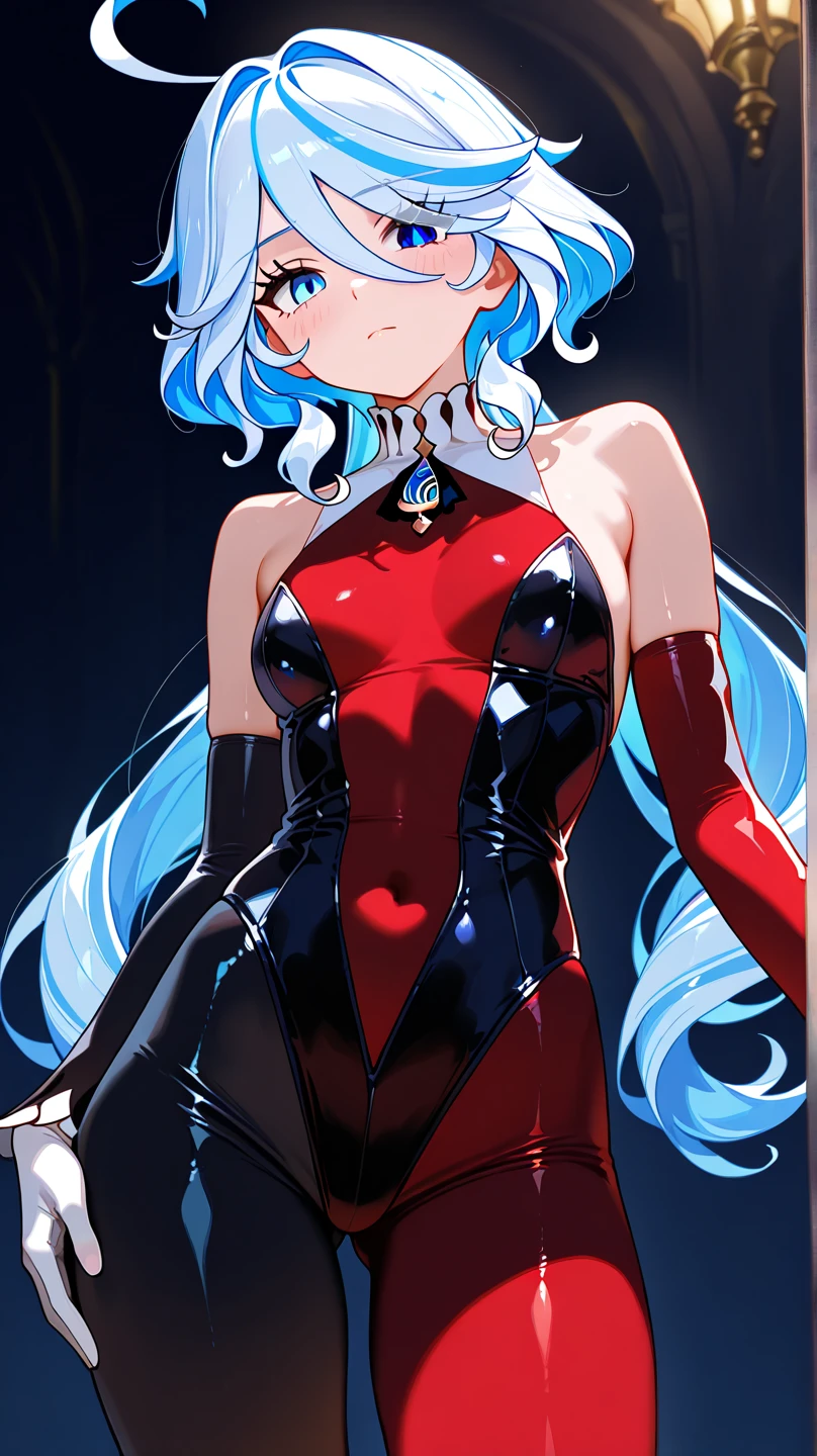 The image depicts an anime-style character standing on what appears to be a staircase with red steps. The character has teal-colored hair styled in a voluminous, wavy manner, with a red rose tucked into the hair on the right side. She is wearing a white, form-fitting dress with a low neckline and a fur-like trim around the shoulders. The dress has long sleeves, and the character is holding a single red rose in her right hand, which she is raising slightly. The expression on her face is confident and slightly playful, with her lips slightly parted as if she is speaking or about to blow a kiss. The background is simple, focusing on the stairs, which are shaded to give depth to the image. The overall color palette is bold and vibrant, emphasizing the character's striking appearance.