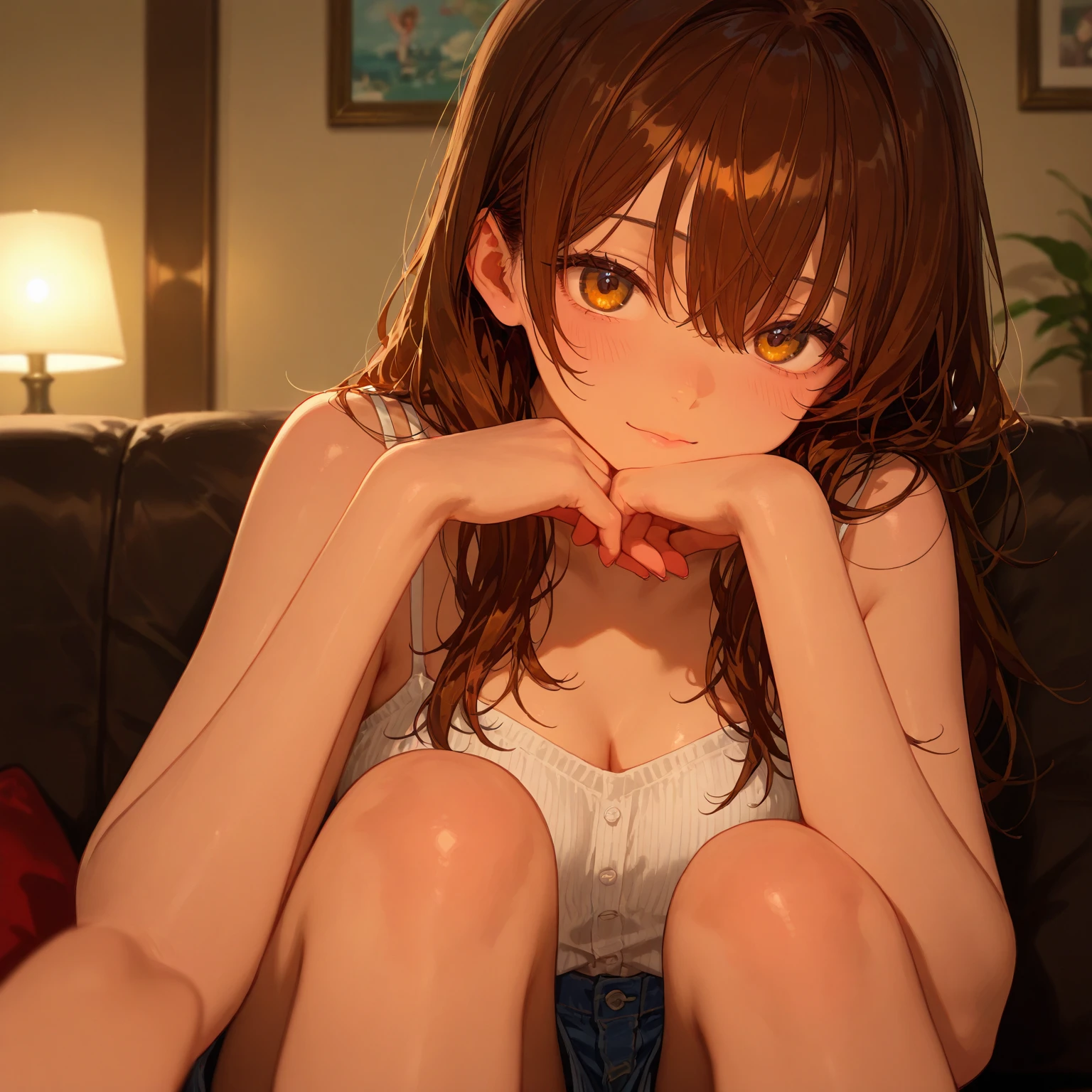 lovelive!,anime nose, anime mouth,hospital sit on chair,short_hair,(masterpiece, best quality:1.2),illustration,8k,hd,1girl,solo,upper body,(portrait:1.2),brown_hair,hairclip,hair_ornament,brown_eyes,small breast,topless