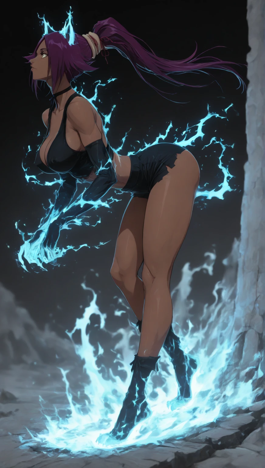 nsfw tall beautiful and muscular female storm giant with blue black hair in a ponytail and lightning staff, glowing tattoos and pale blue skin wearing revealing steel Armour with legs spread wide, ocean cave background with lightning storm, she has her back to the camera and bending over