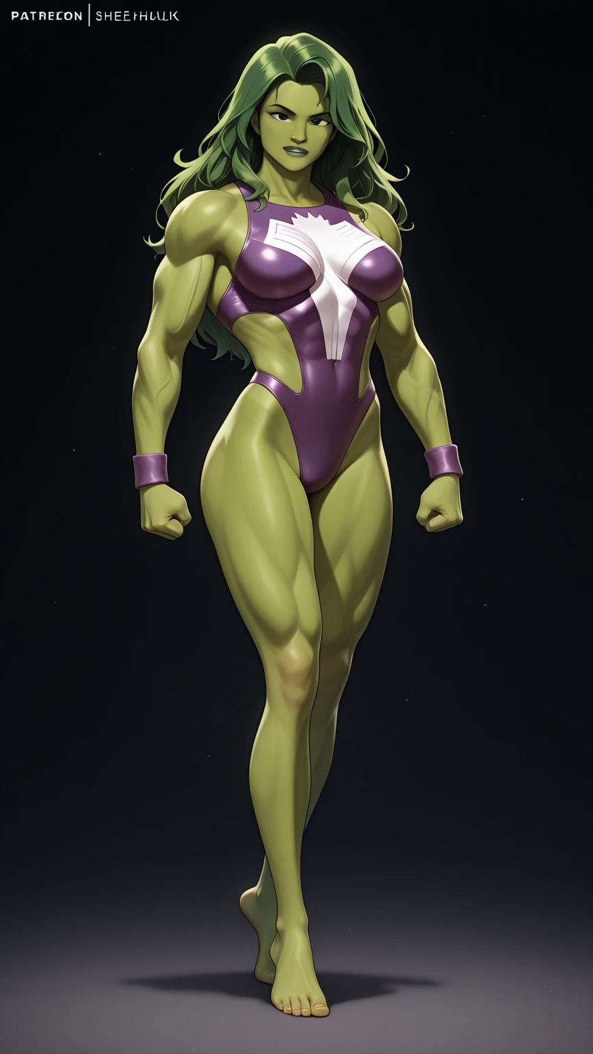 Giantess, goblin, green skin, bikini, curvy, busty, smirk, evil, thick thighs, walking, stepping down